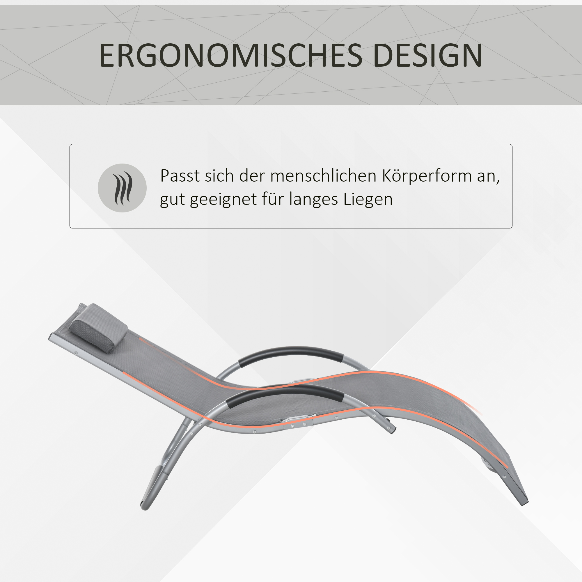 Grauer Liegestuhl mit Kopfstütze. Schwarze Armlehnen und Rahmen. Weißer Hintergrund.
