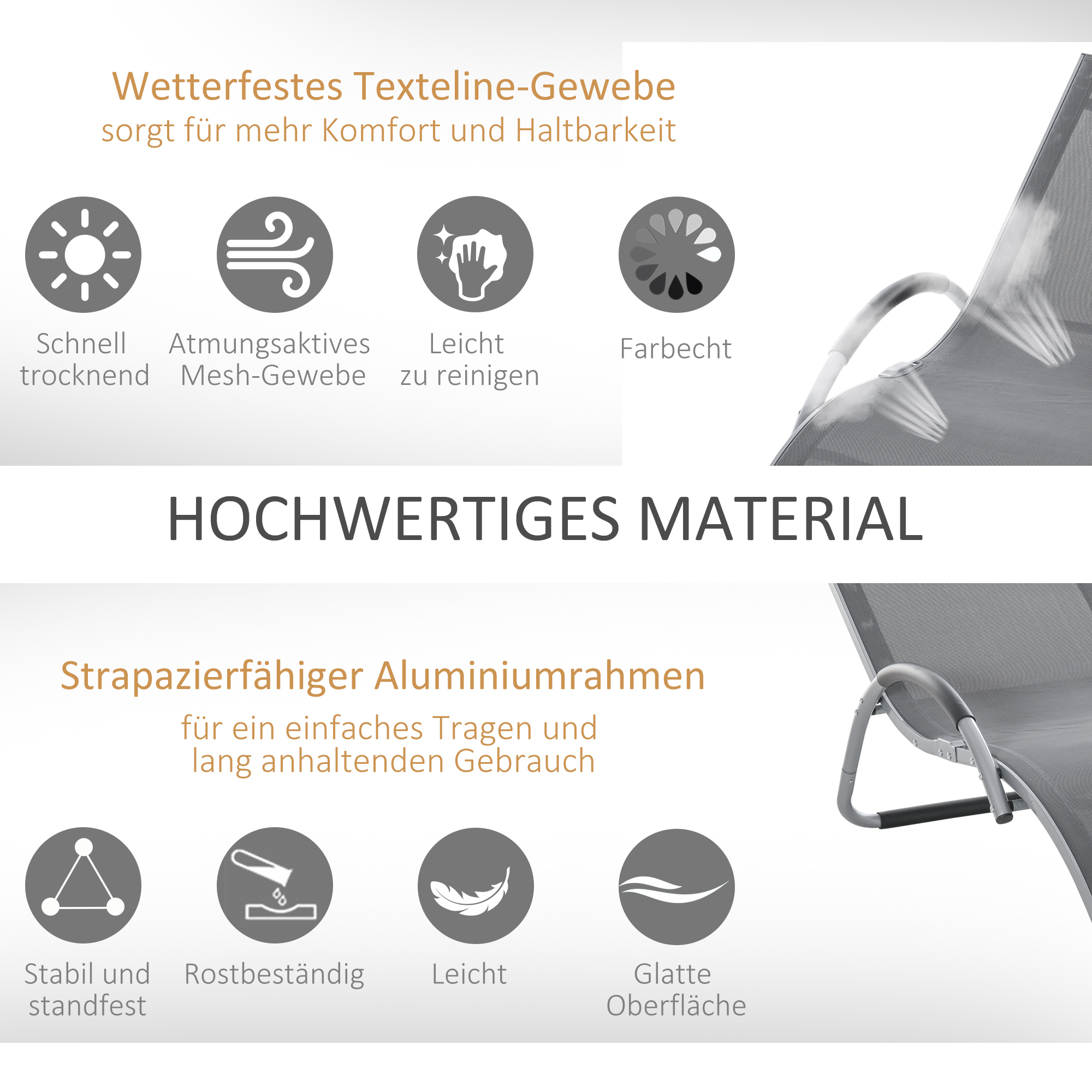 Illustrationen, die die Materialeigenschaften eines Liegestuhls zeigen: wasserdicht, atmungsaktiv und langlebig.