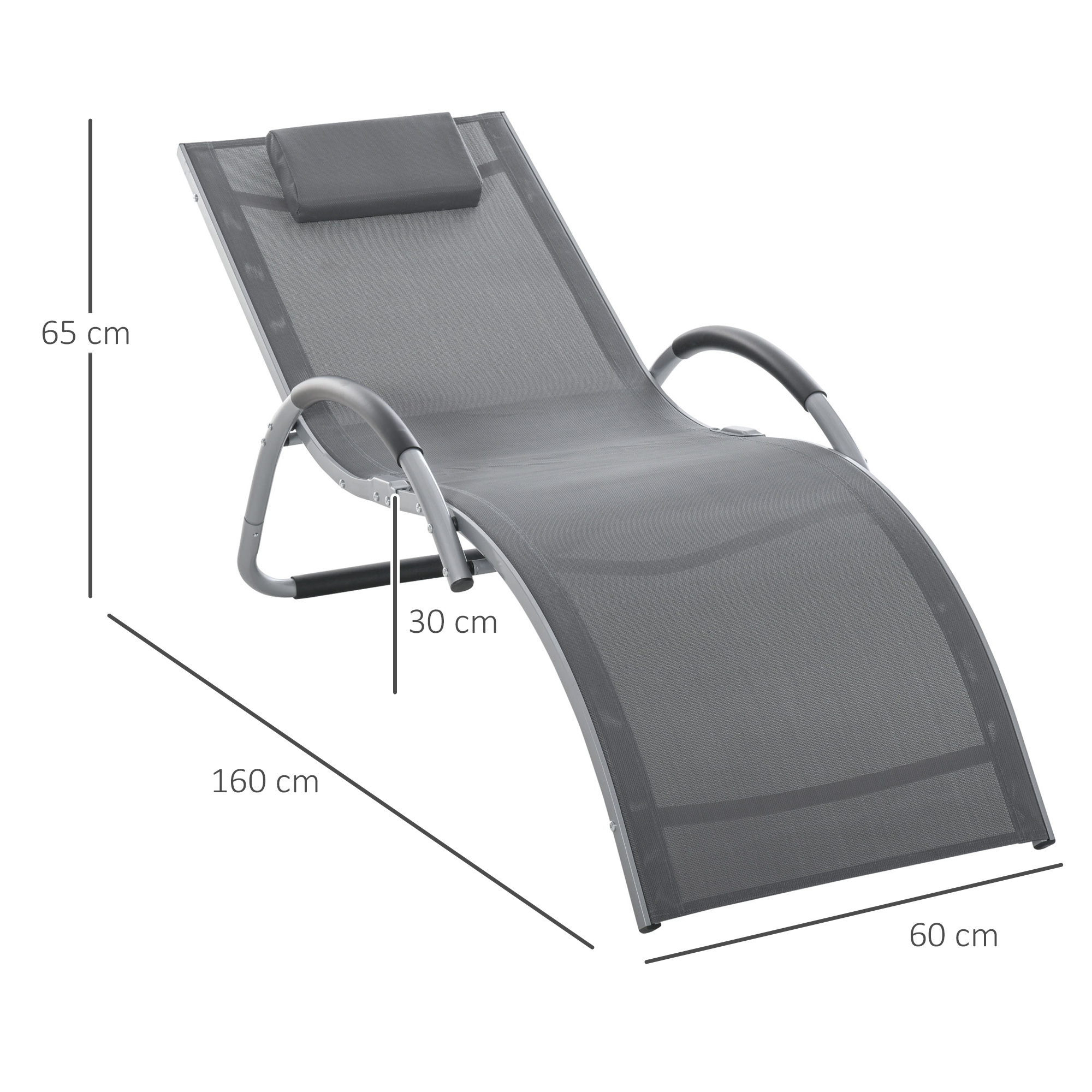 Ein grauer Liegestuhl mit beschrifteten Abmessungen. Der Stuhl ist 160 cm lang, 60 cm breit und 65 cm hoch.