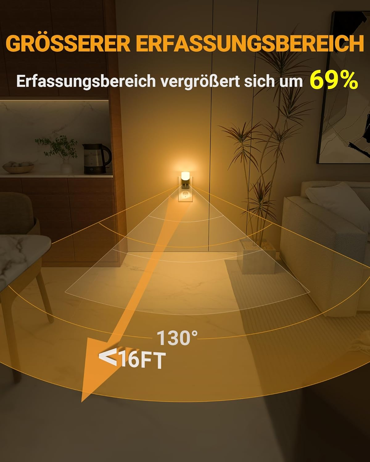 Ein Nachtlicht an der Wand emittiert Licht. Das Bild zeigt den Erfassungsbereich mit dem Text: 69%.