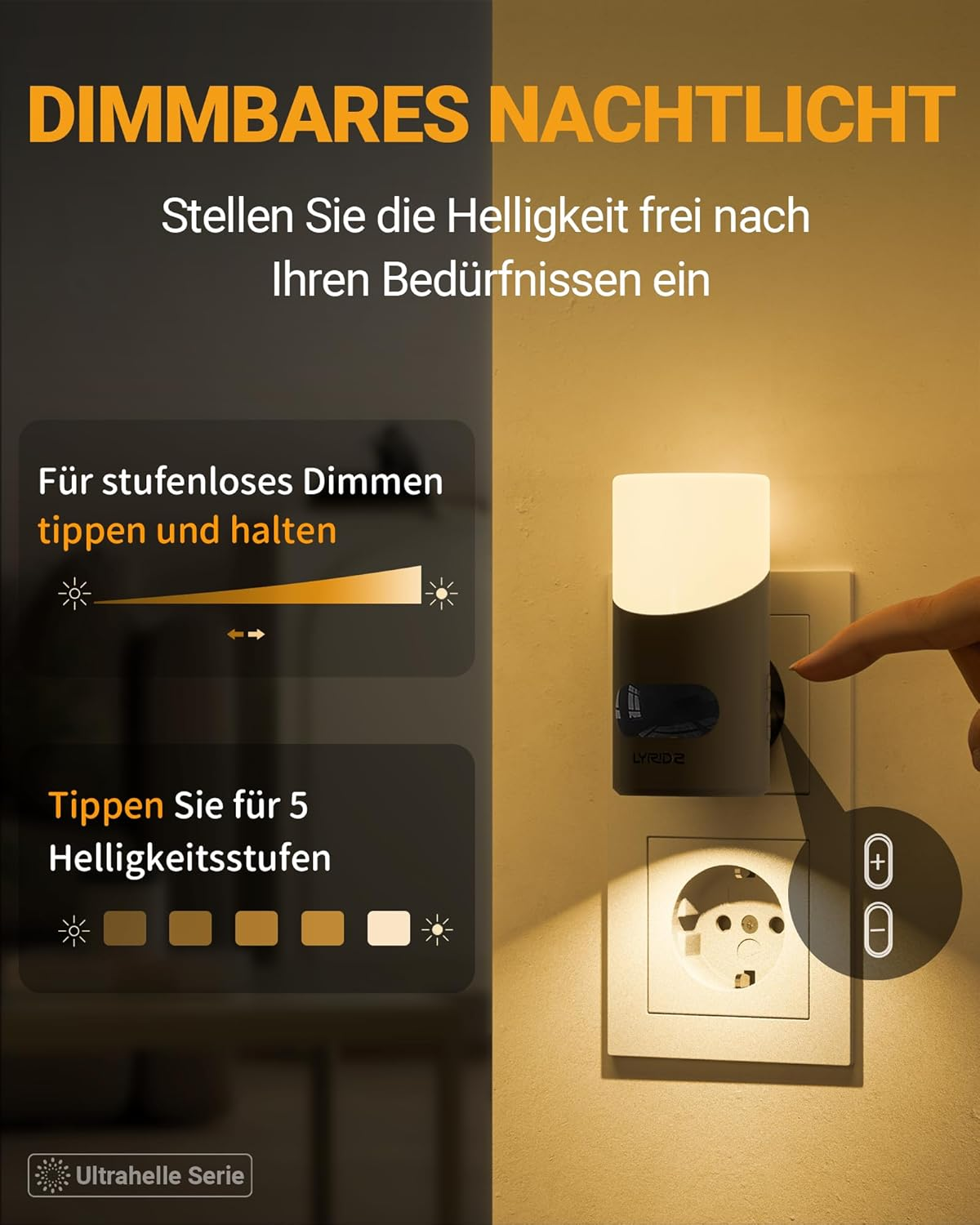 Ein an der Wand montiertes Nachtlicht mit Touch-Bedienfeld. Das Bild zeigt Helligkeitseinstellungsoptionen.