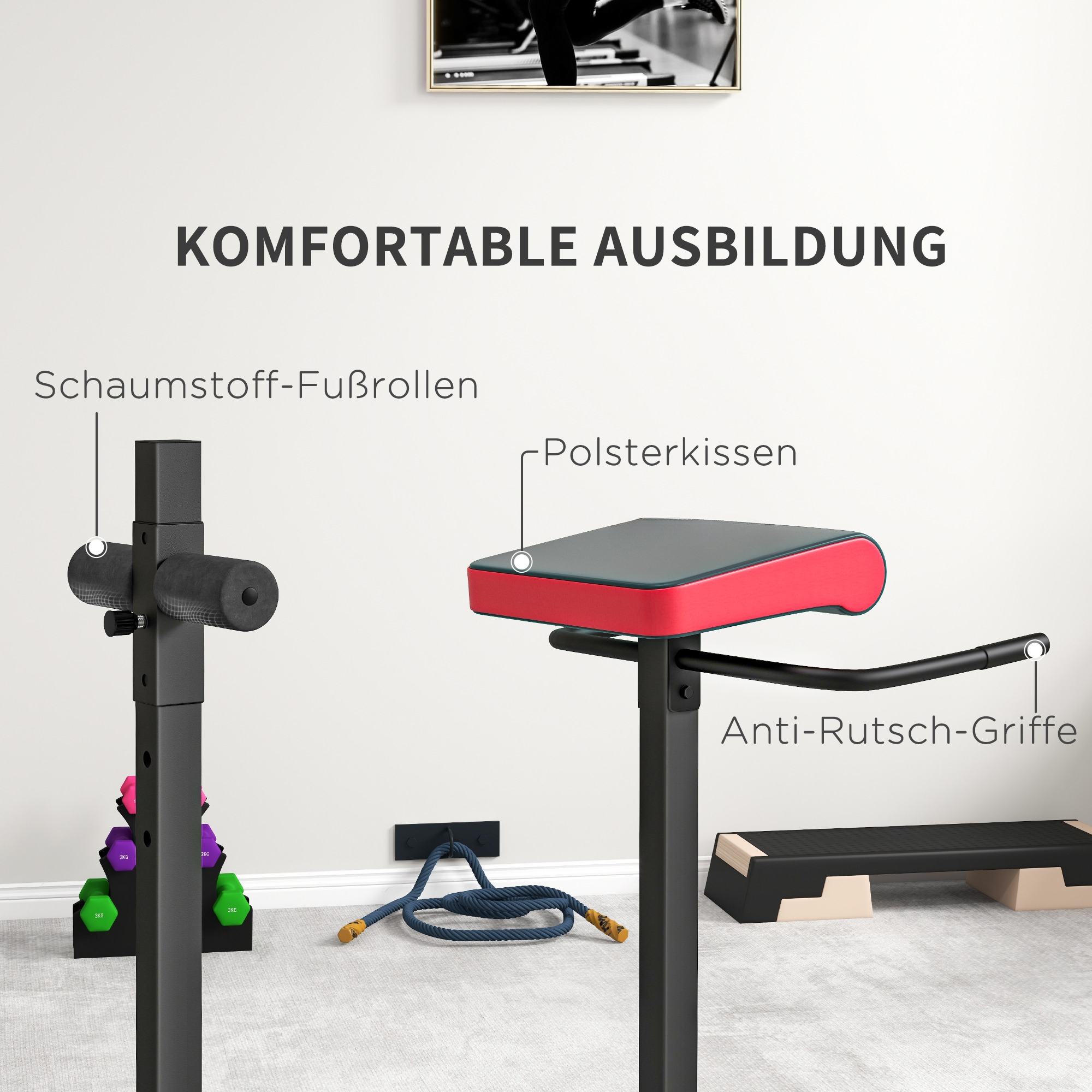 Trainingsgerät mit roter und schwarzer Polsterung, blauem Seil und Hanteln.