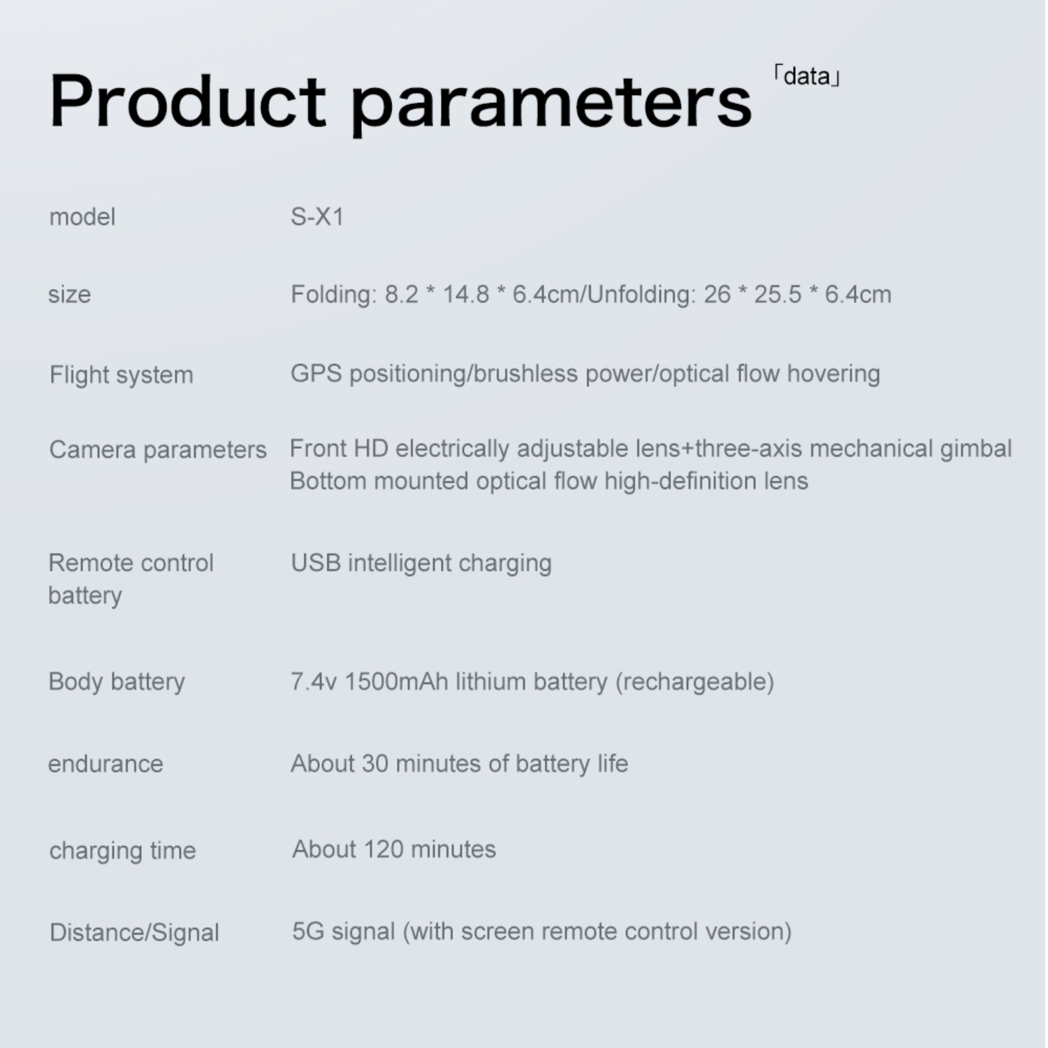 Produktparameter: Modell, Größe, Flugsystem, Kameraparameter, Fernbedienungsbatterie, Akku.