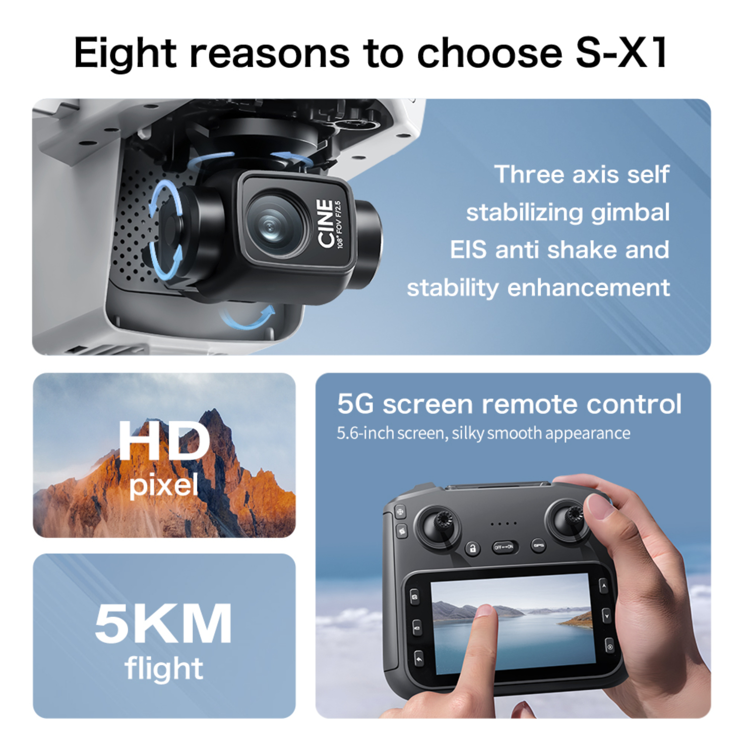 Drohnen-Funktionen: Gimbal-Kamera, HD-Pixel, 5 km Flug, 5G-Bildschirm-Fernbedienung. Blauer Himmel.