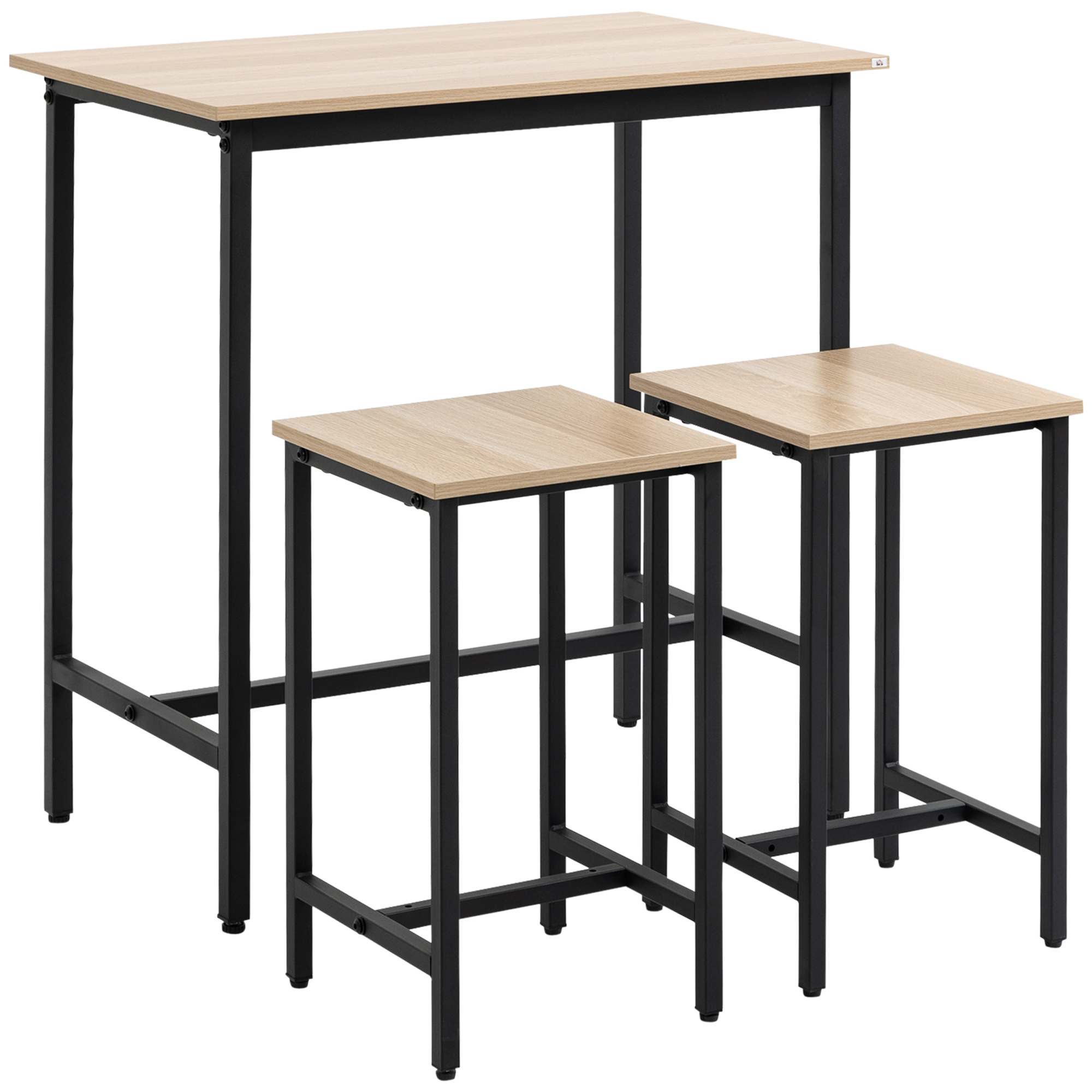 Tisch- und Hockerset mit schwarzem Metallrahmen und heller Holzplatte. Weißer Hintergrund.