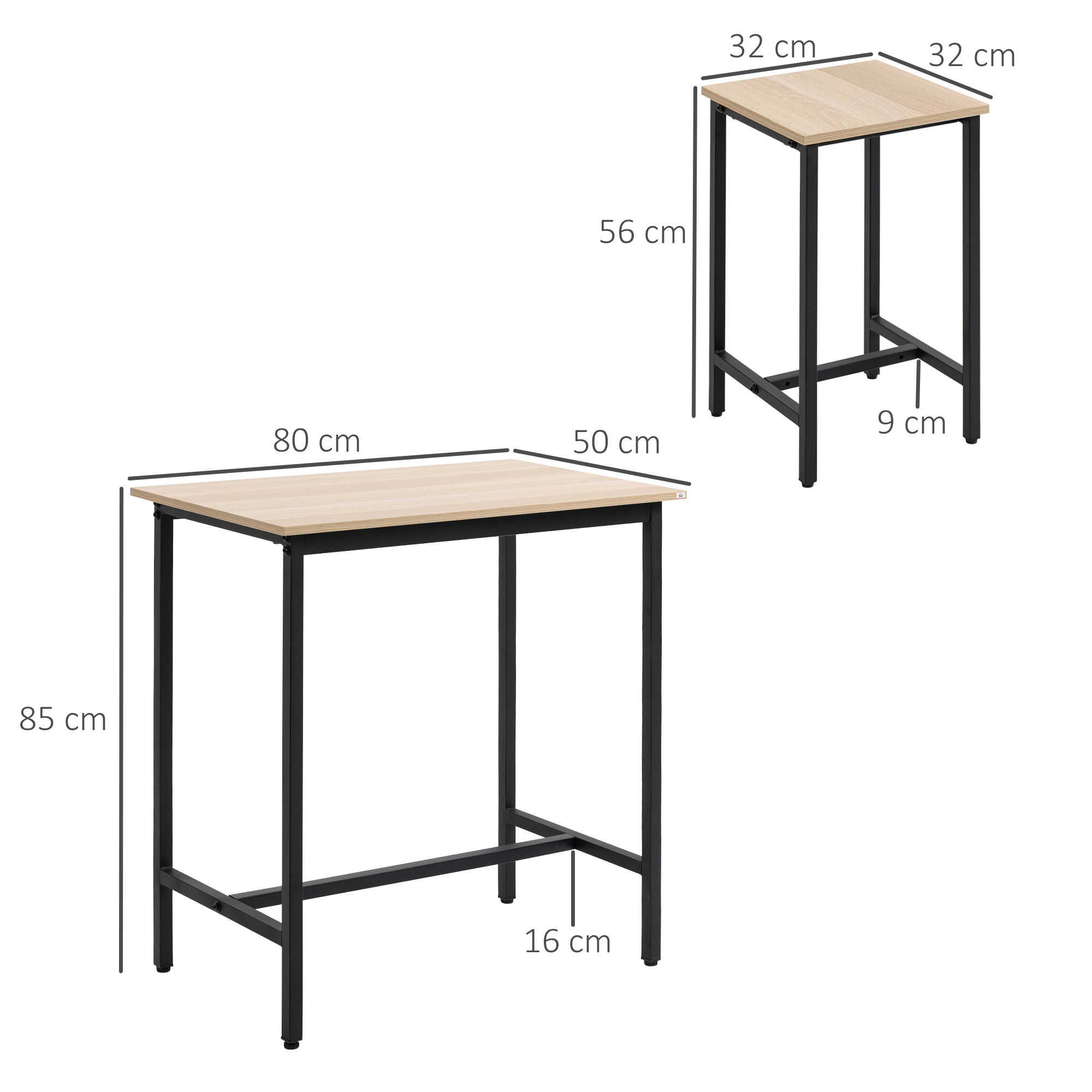 Zwei kleine Tische mit Maßangaben, einer größer, einer kleiner, beide mit schwarzen Rahmen.