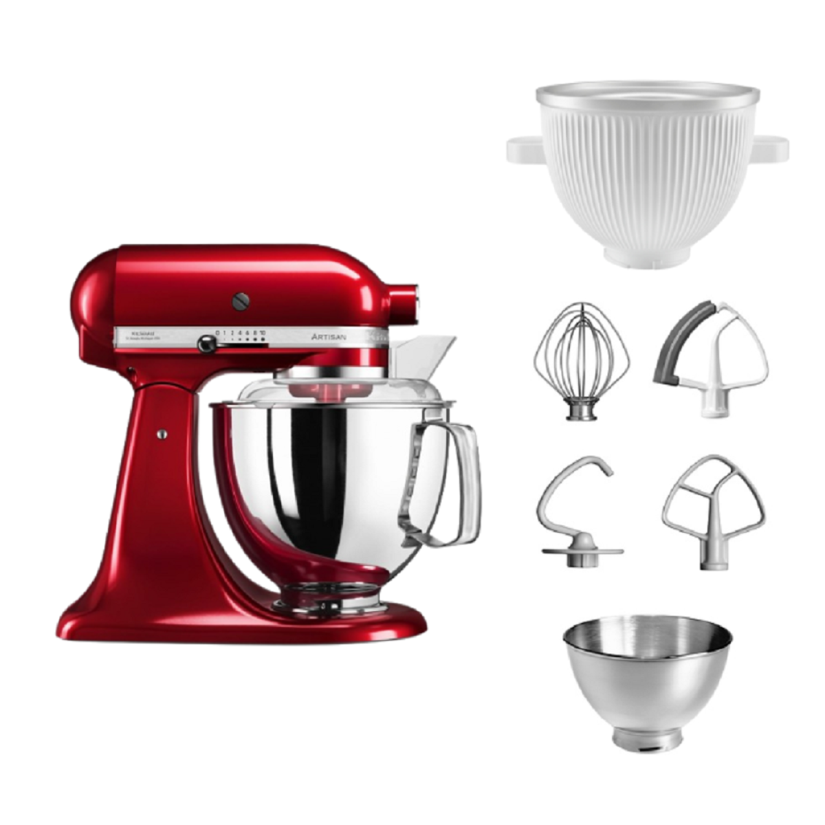 Roter Küchenmixer mit Aufsätzen. Weißer Hintergrund.