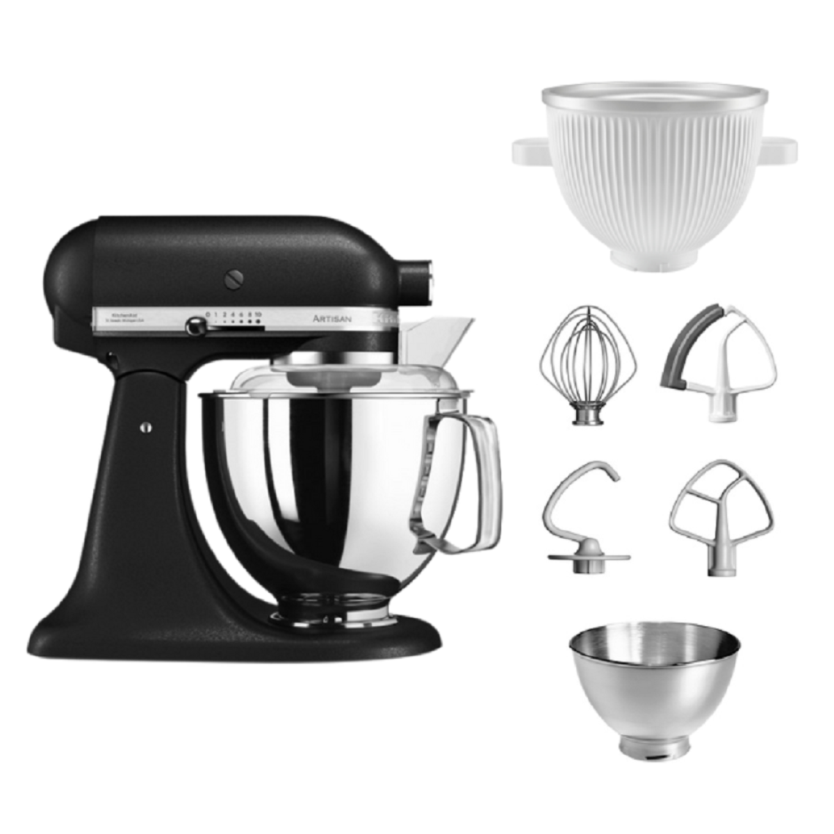 Schwarzer Küchenmixer mit Aufsätzen: Schneebesen, Haken, Schläger und Schüssel.