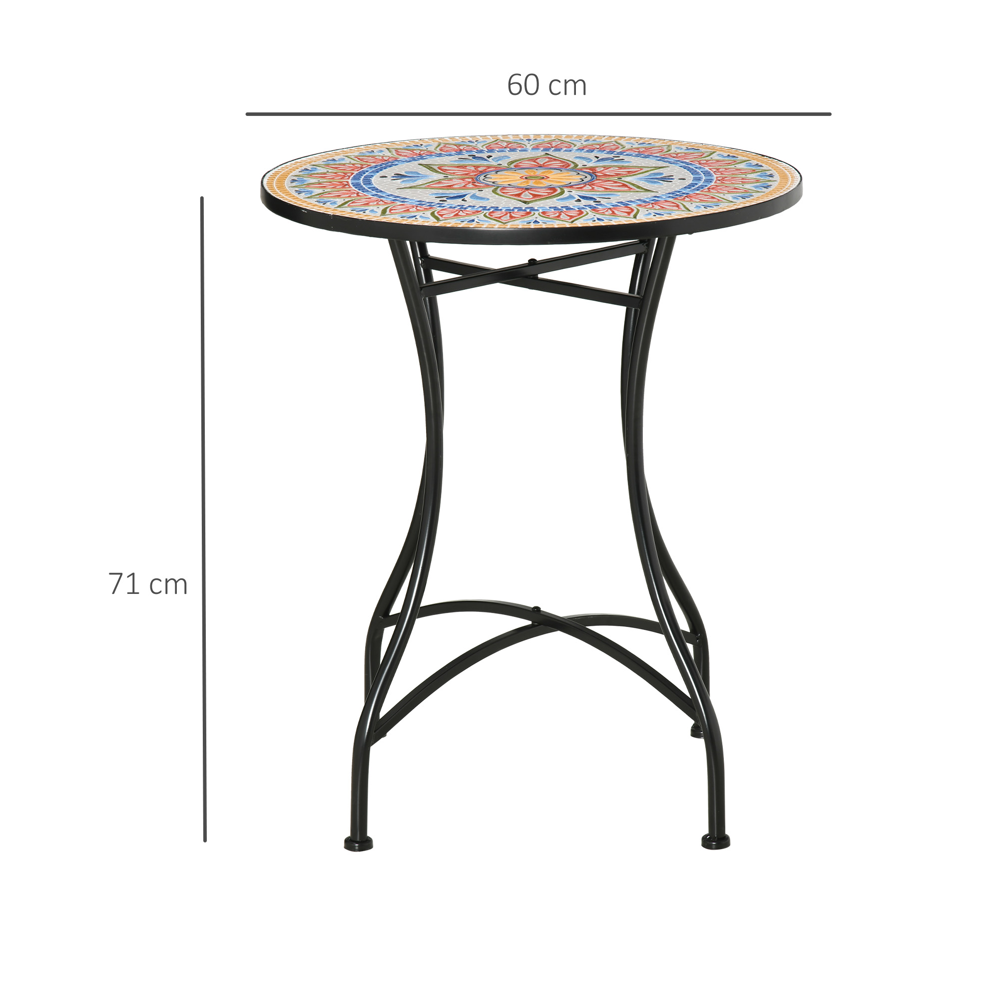 Tavolo rotondo con piano a mosaico, gambe nere e dimensioni di 60x71 cm. Sfondo bianco.