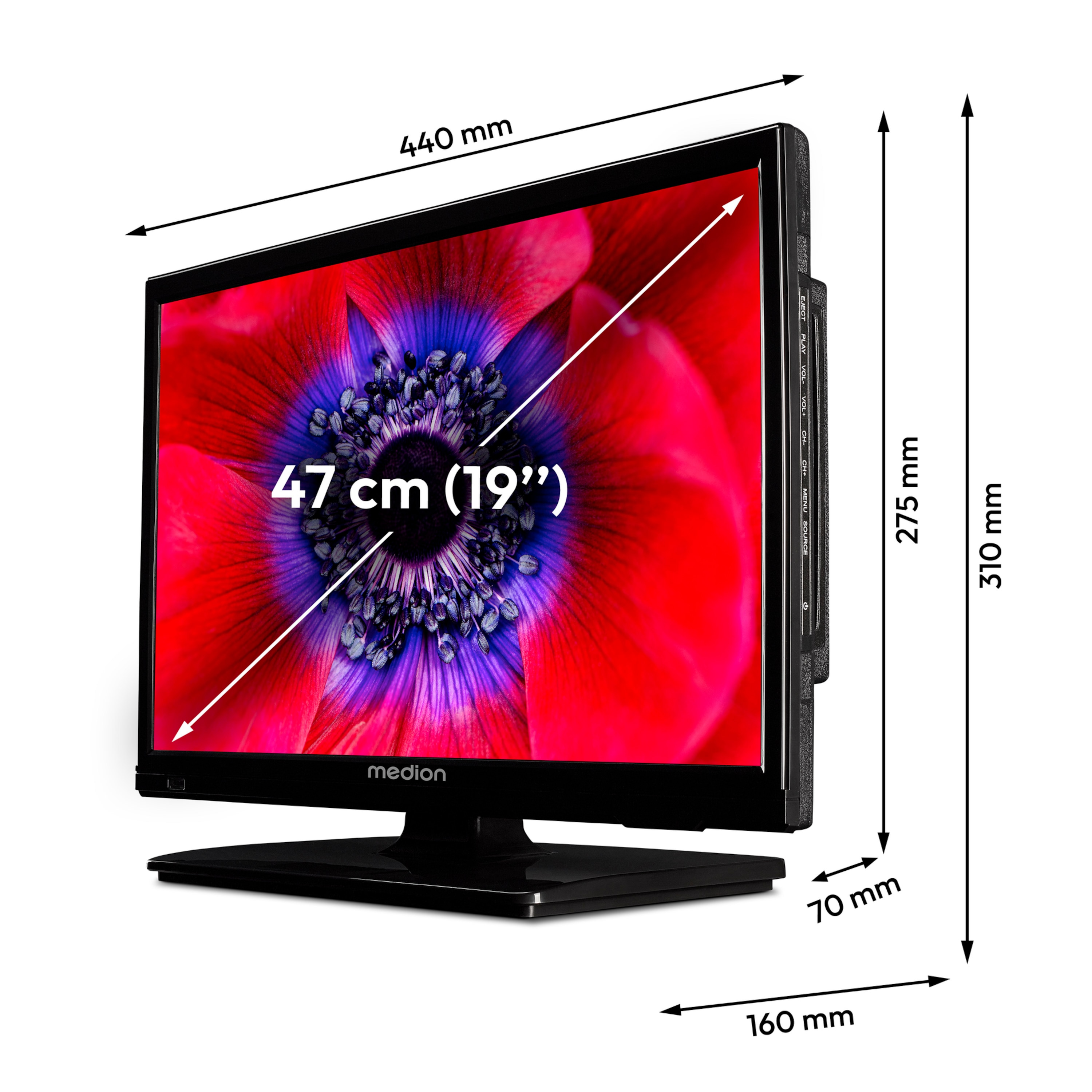 Zwarte tv met afmetingen en bloemenafbeelding. Witte achtergrond.