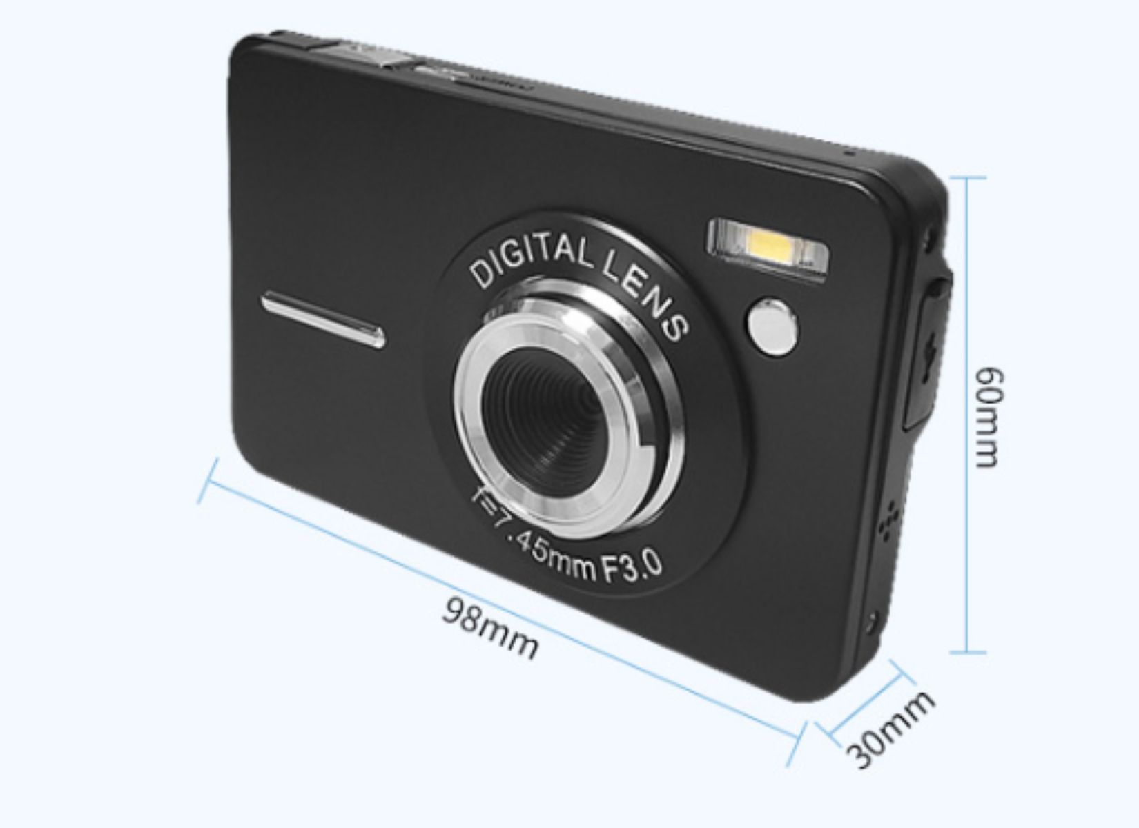 Schwarze Digitalkamera mit Linsendetails. Weißer Hintergrund.