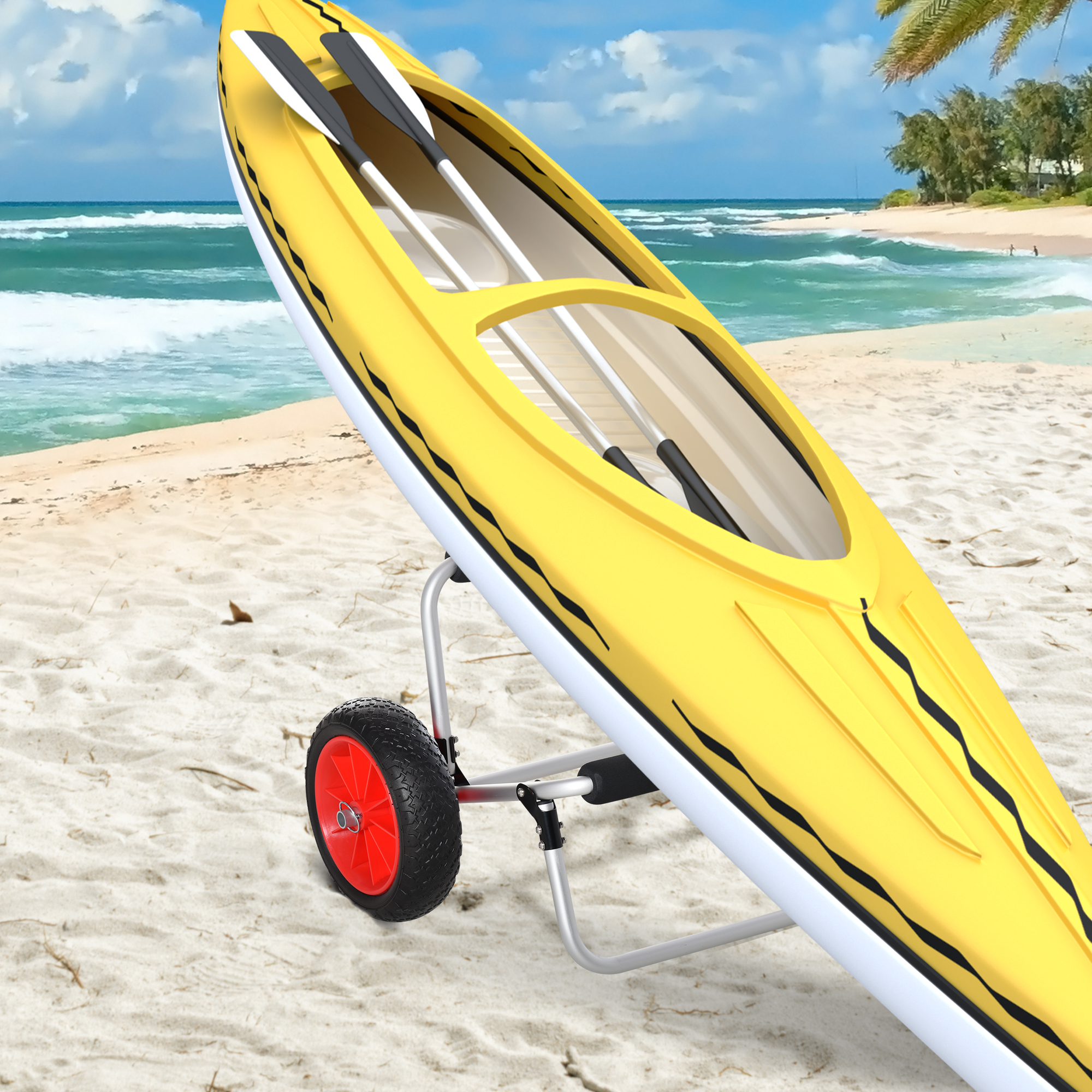 Gelbes Kajak am Strand, auf einem rollbaren Wagen. Ozean und Himmel im Hintergrund.