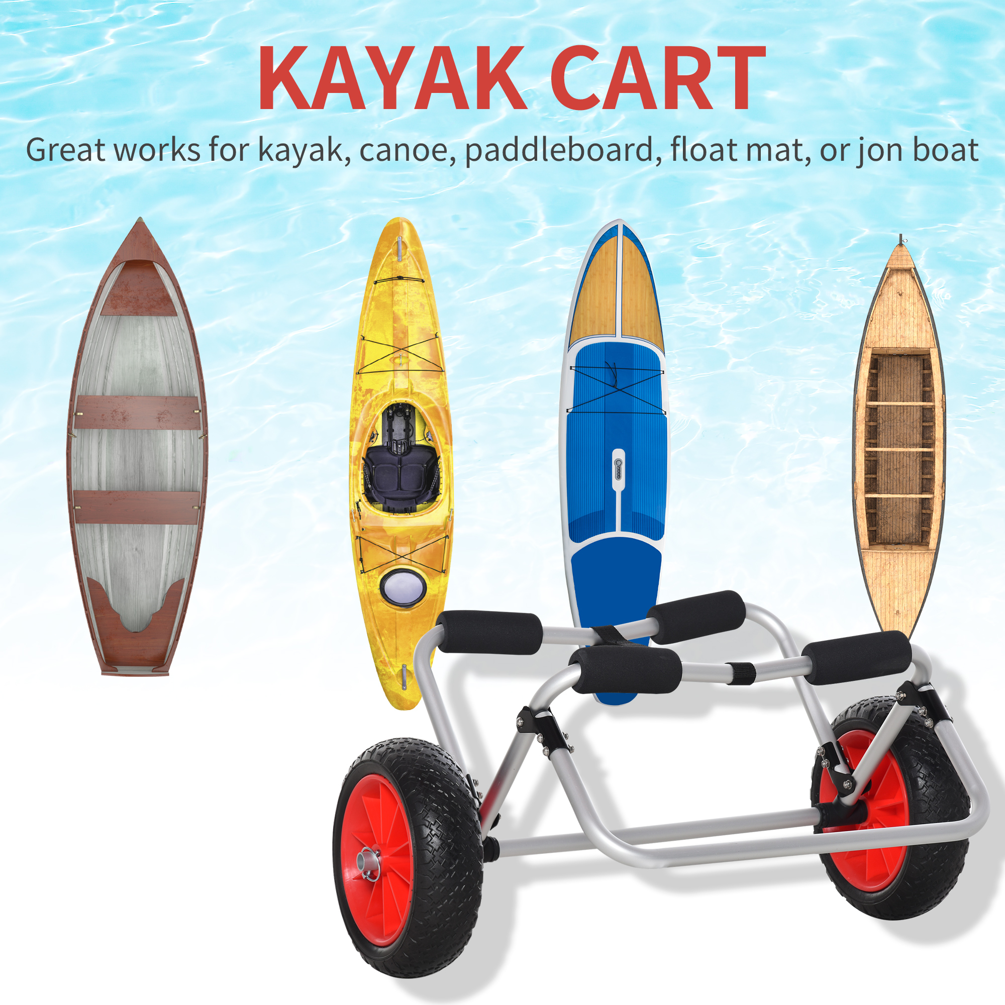 Kajakwagen mit Kajaks. Ein gelbes, blaues und zwei Holz-Kajaks werden angezeigt.
