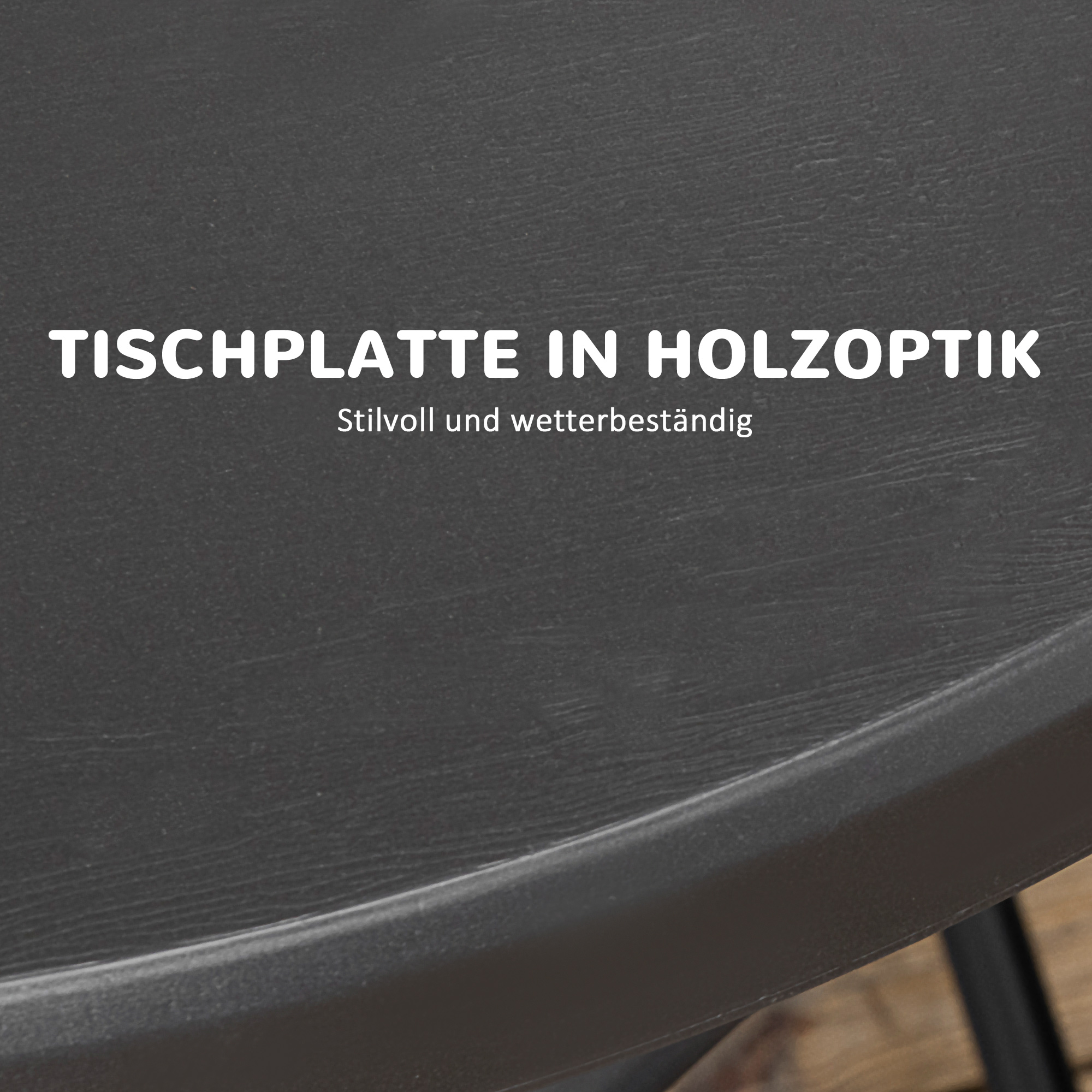 Nahaufnahme eines schwarzen Tisches mit Holzoptik.