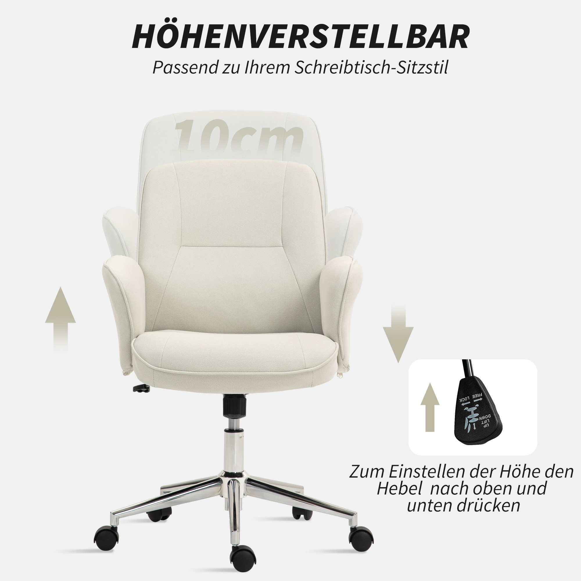 Höhenverstellbarer Bürostuhl, weiß, mit Höhenverstellhebel gezeigt.