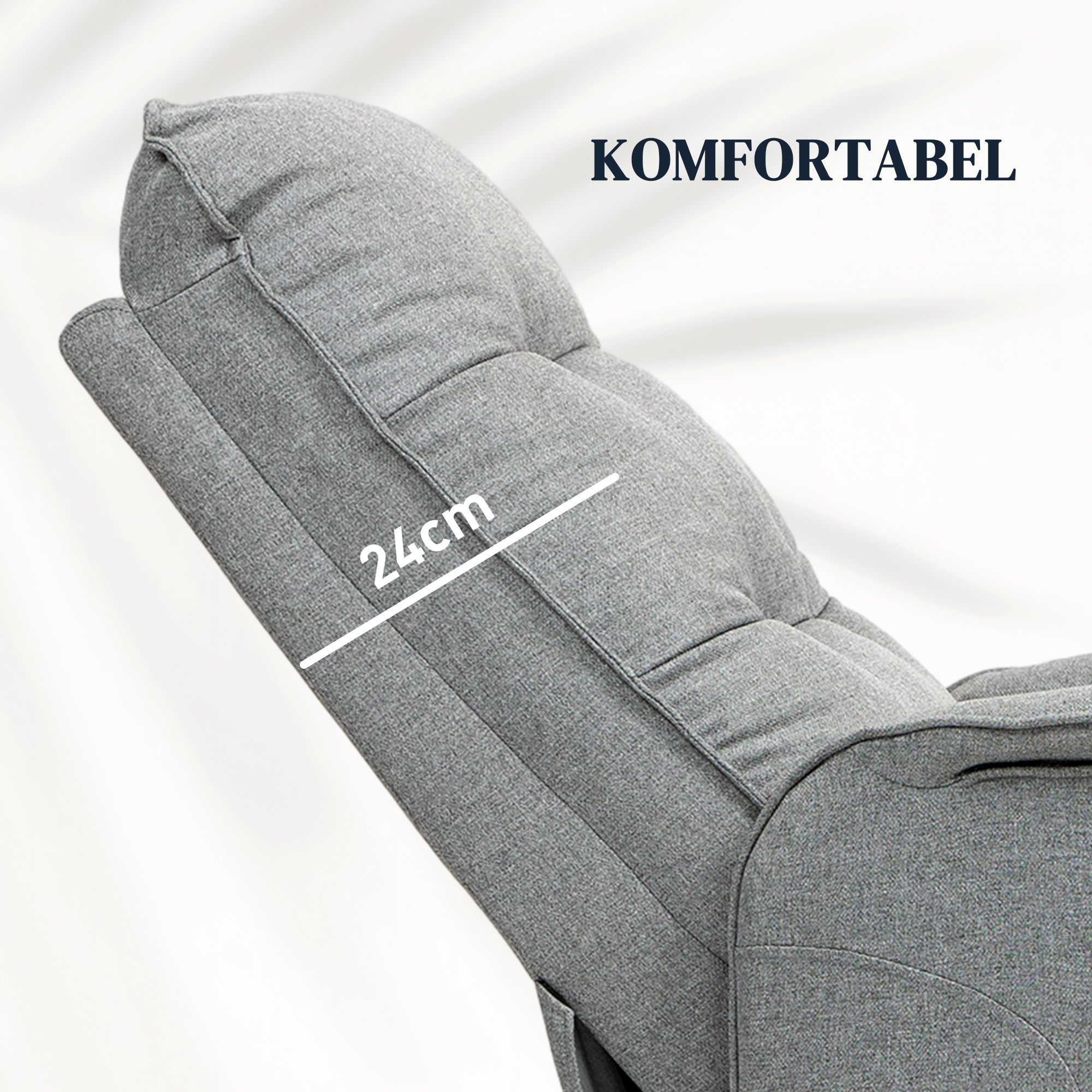Nahaufnahme der Kopfstütze eines grauen Relaxsessels, mit 24 cm Messung.