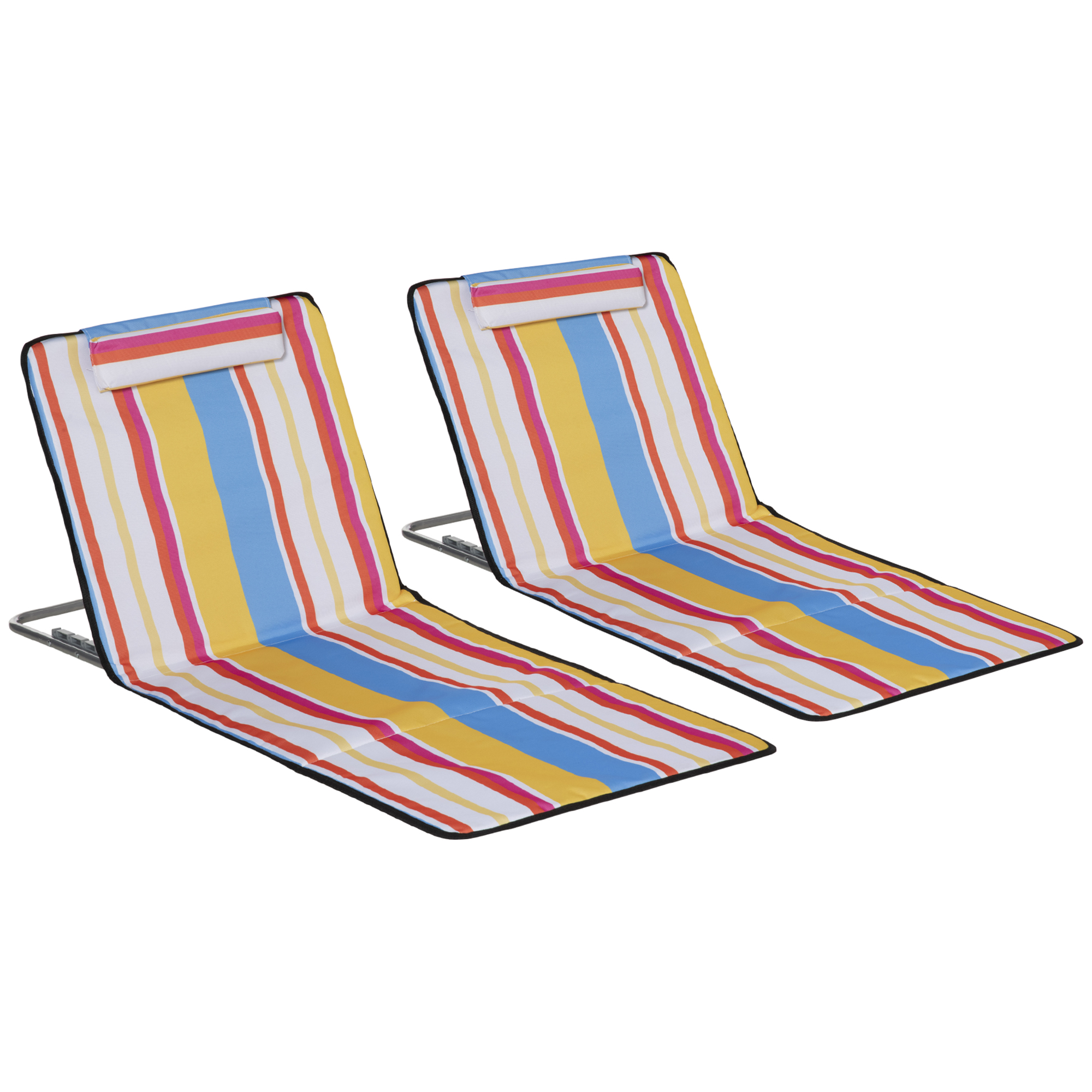 Zwei Strandstühle, gestreifter Stoff, mit Kopfstützen.