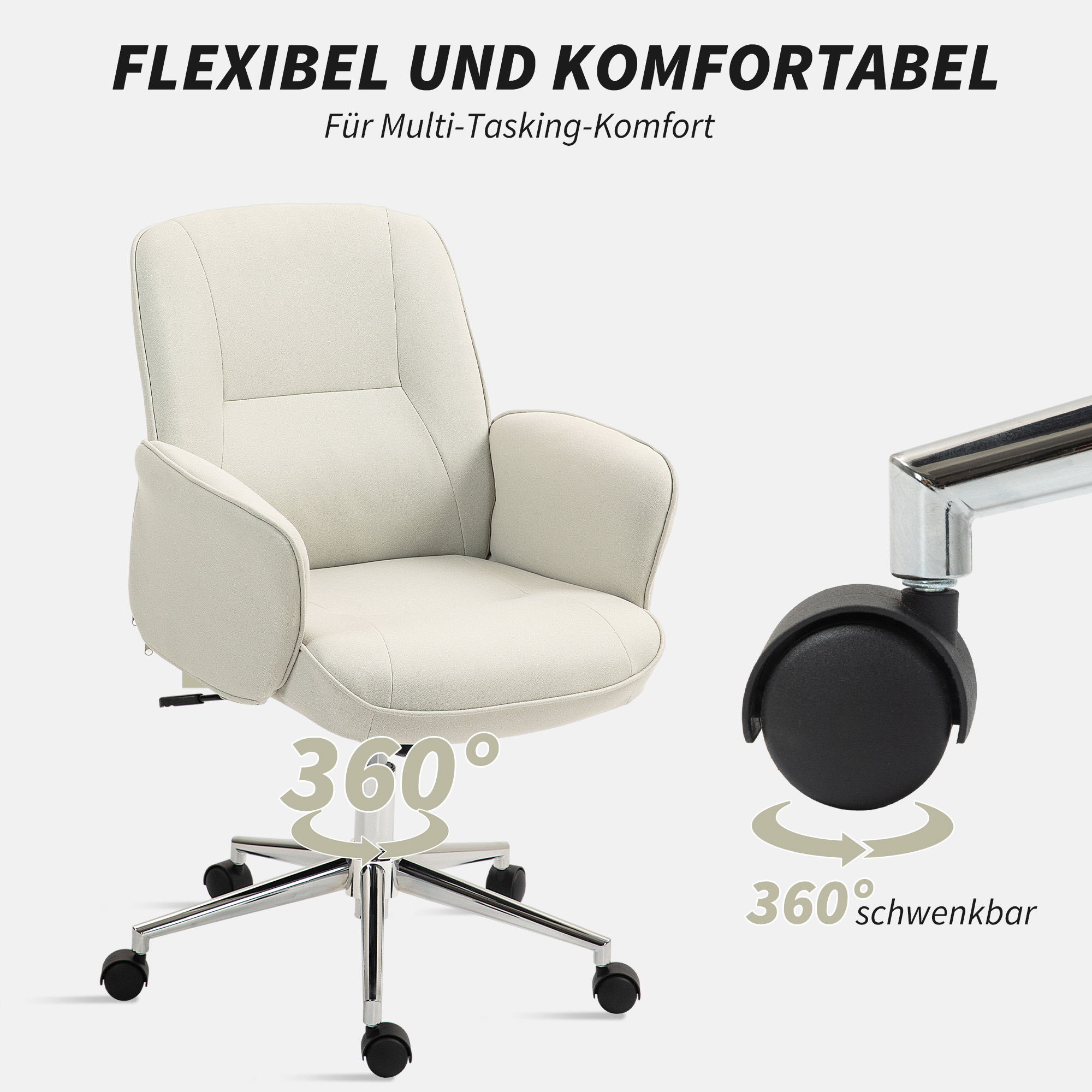 Weißer Bürostuhl mit schwarzen Rädern. Der Stuhl ist um 360 Grad drehbar. Text: flexibel und komfortabel.