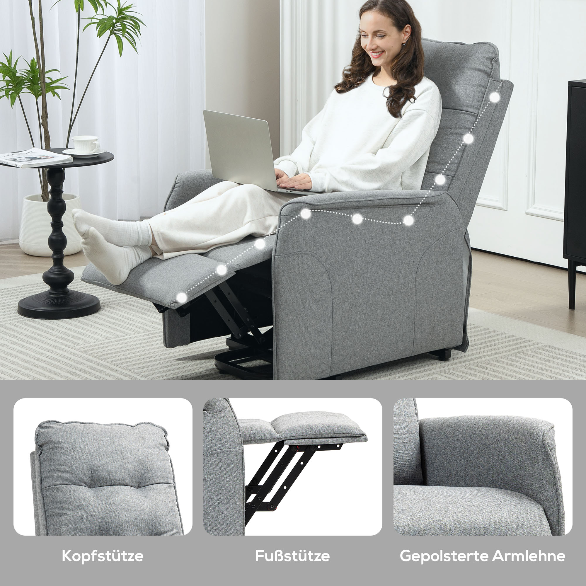 Frau benutzt Laptop auf grauem Relaxsessel. Detailaufnahmen von Kopfstütze, Fußstütze und Armlehne.