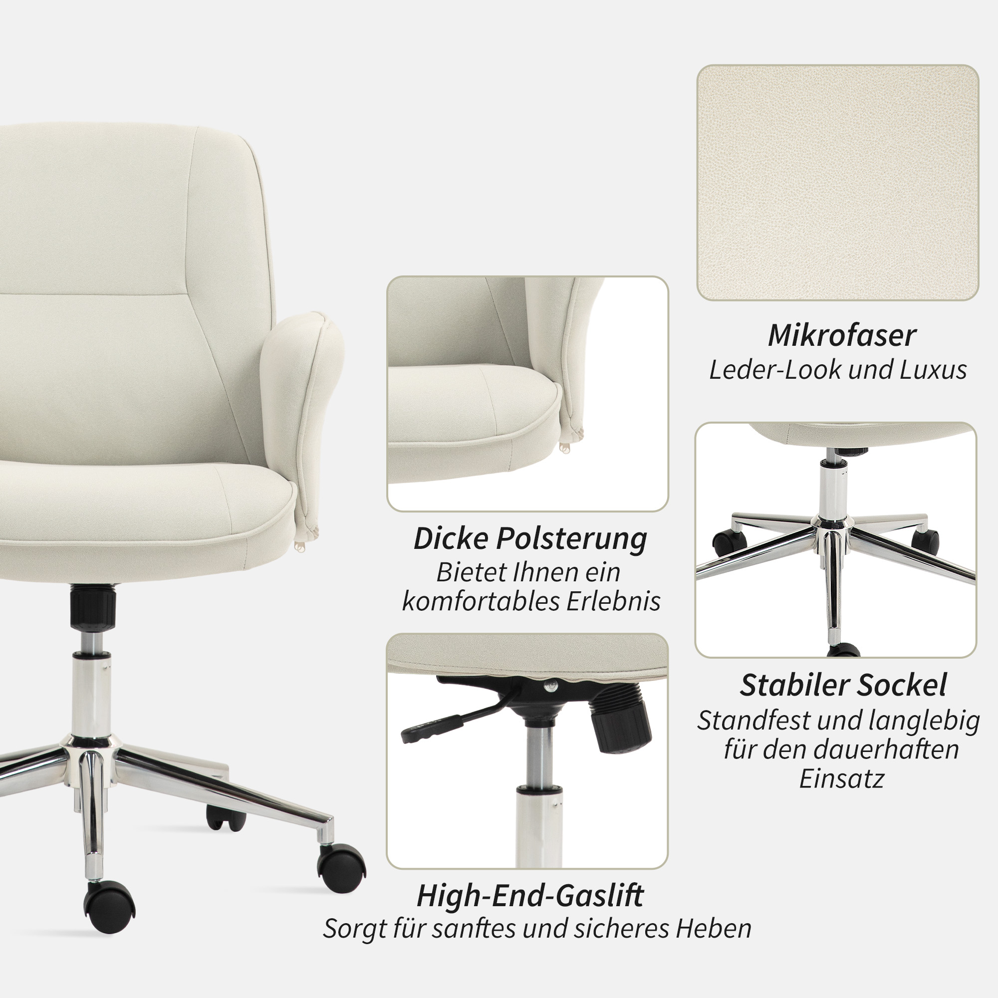 Weißer Bürostuhl mit Detailaufnahmen. Enthält Mikrofaser, dicke Polsterung, High-End-Gaslift und stabile Basis.