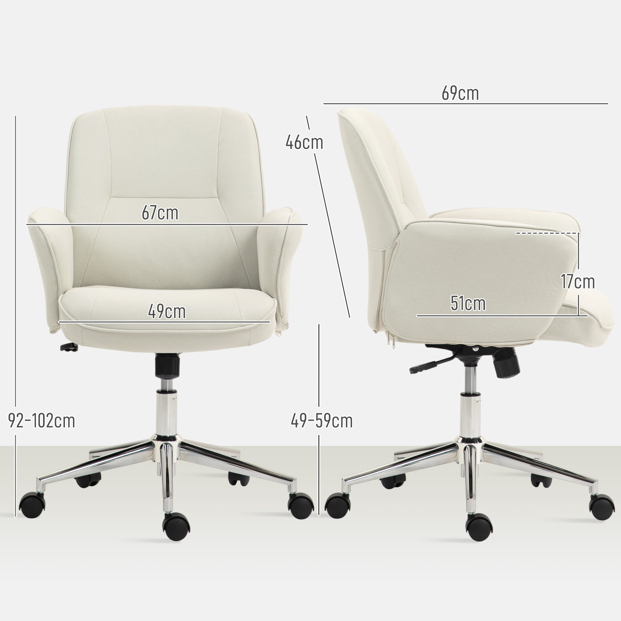 Cremefarbener Bürostuhl mit Maßen: 92-102cm Höhe, 49cm Sitzbreite, 67cm Armlehnenbreite, 46cm Rückenlehnenhöhe.