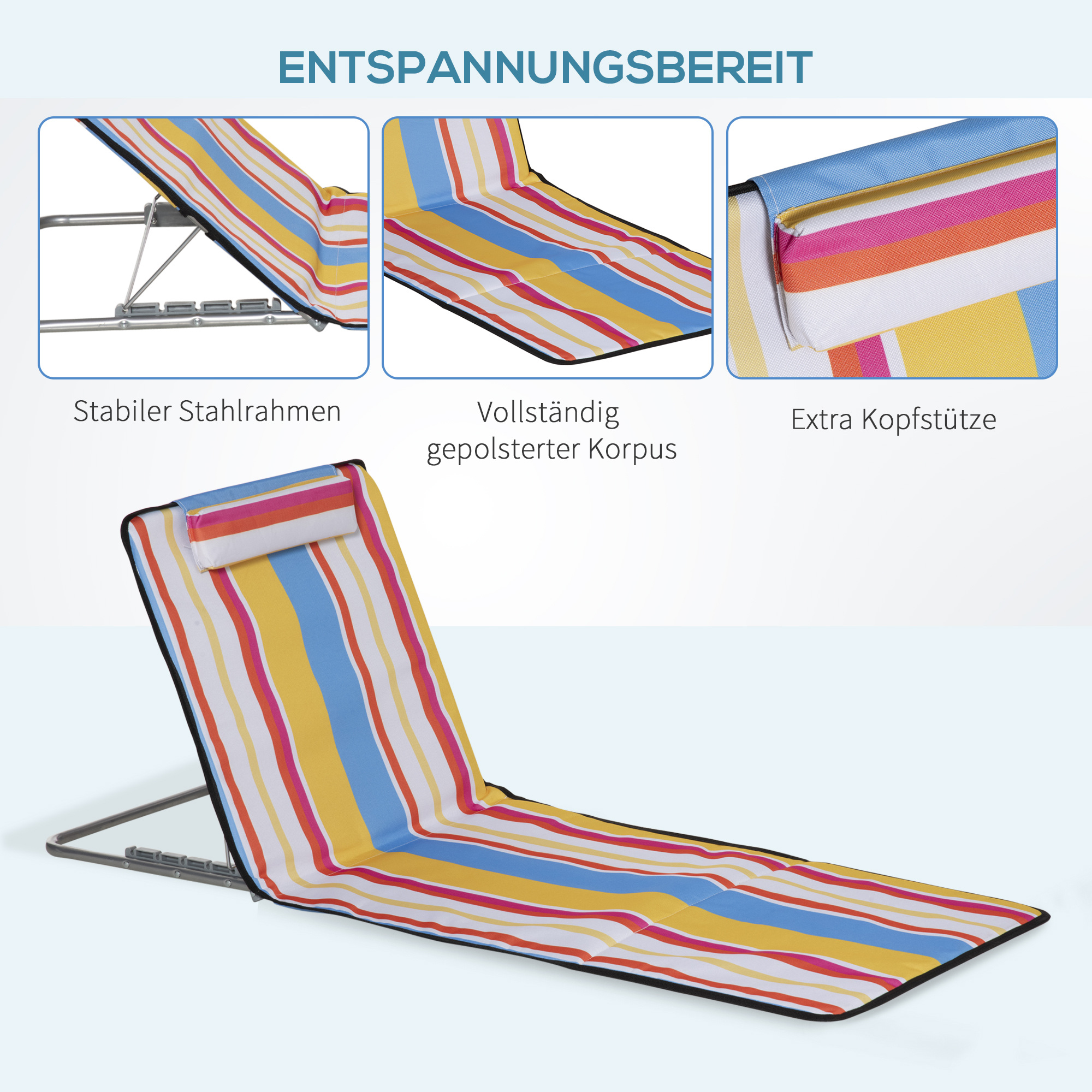 Strandstuhl mit gestreiftem Stoff. Verfügt über einen stabilen Rahmen, einen voll gepolsterten Körper und eine zusätzliche Kopfstütze.