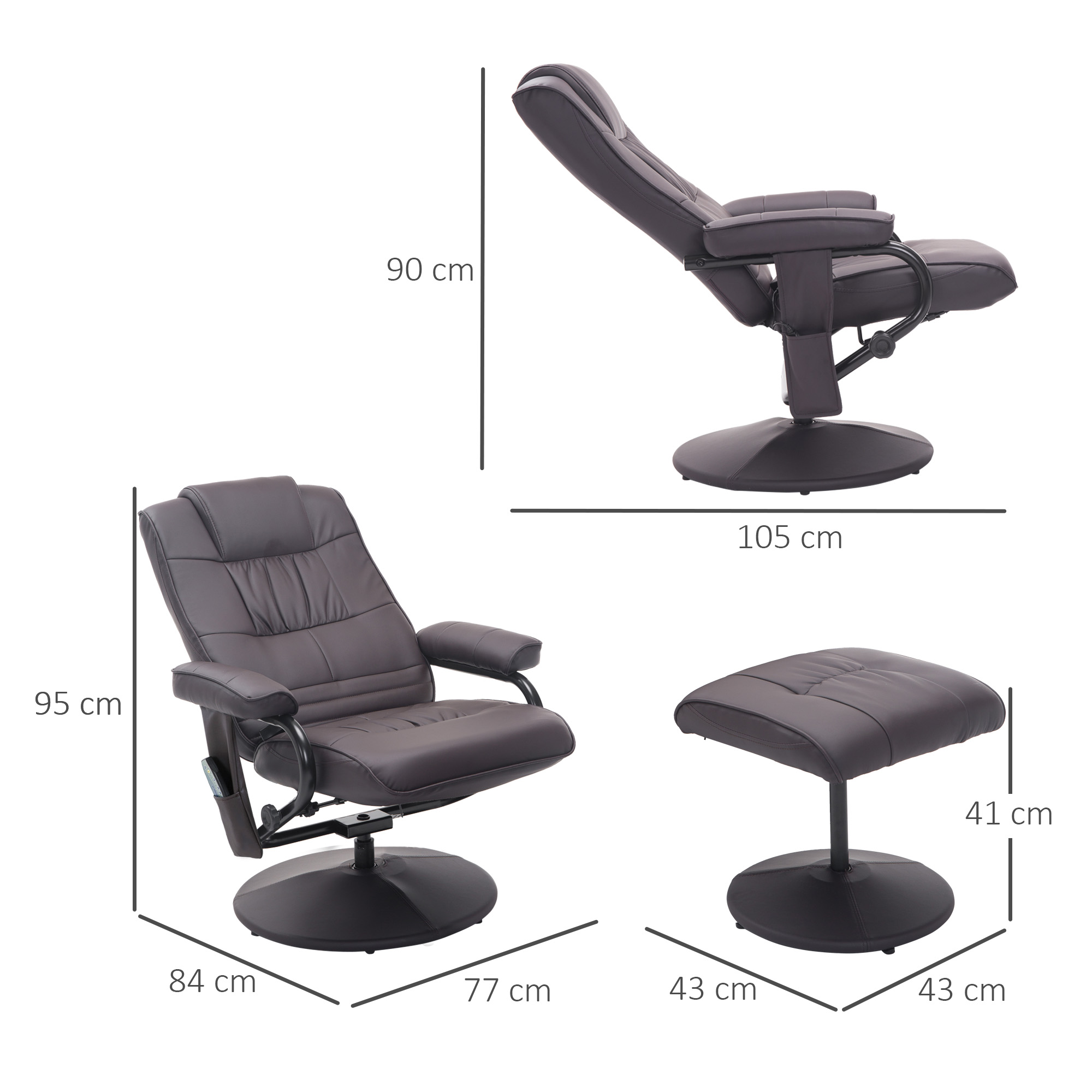 Brauner Massagesessel und Hocker, mit Maßen. Stuhl: 95cm Höhe, 84cm Breite, 77cm Tiefe. Hocker: 41cm Höhe, 43cm Breite.