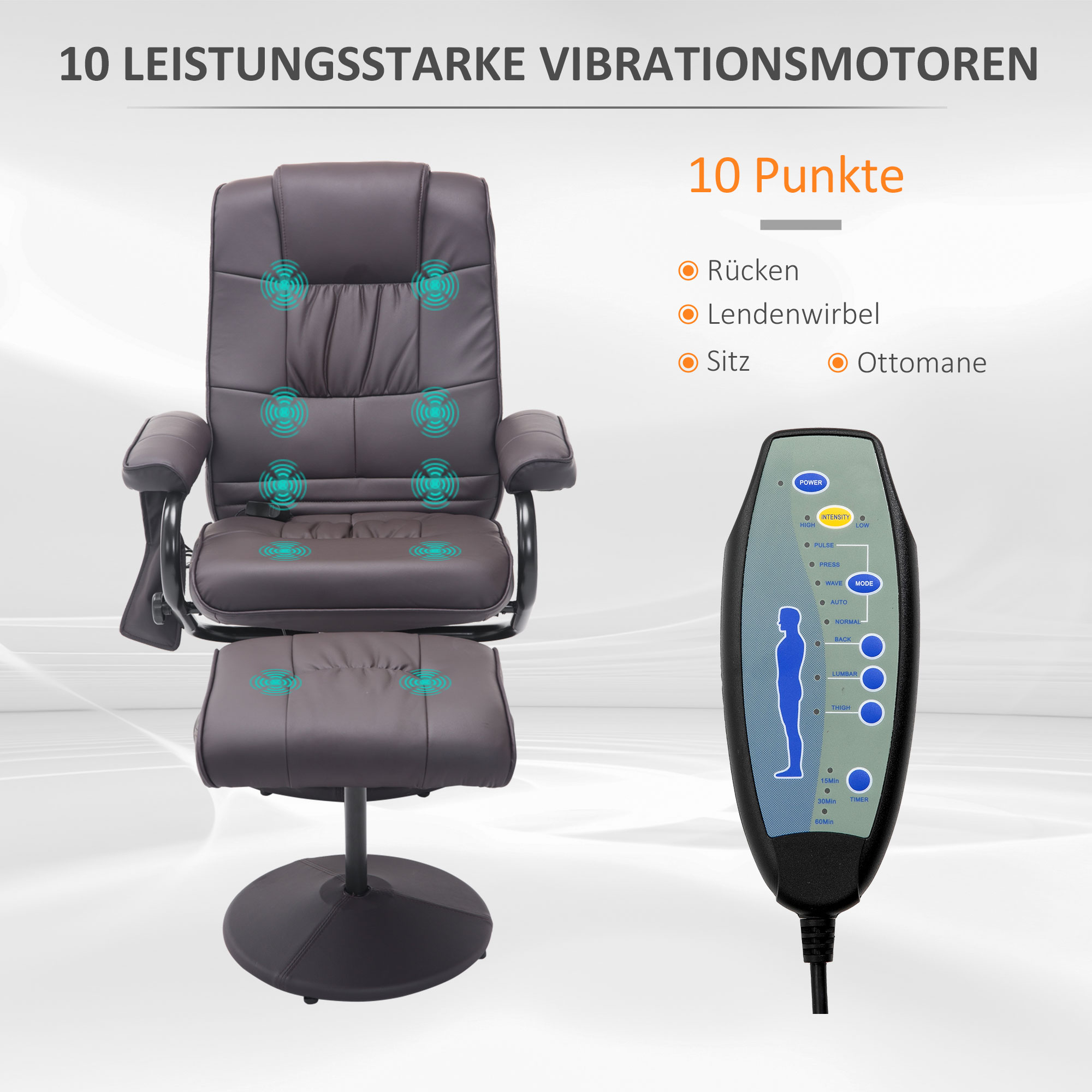 Brauner Massagesessel mit Hocker. Zeigt Massagepunkte: Rücken, Lendenwirbel, Sitz, Hocker. Fernbedienung im Blick.