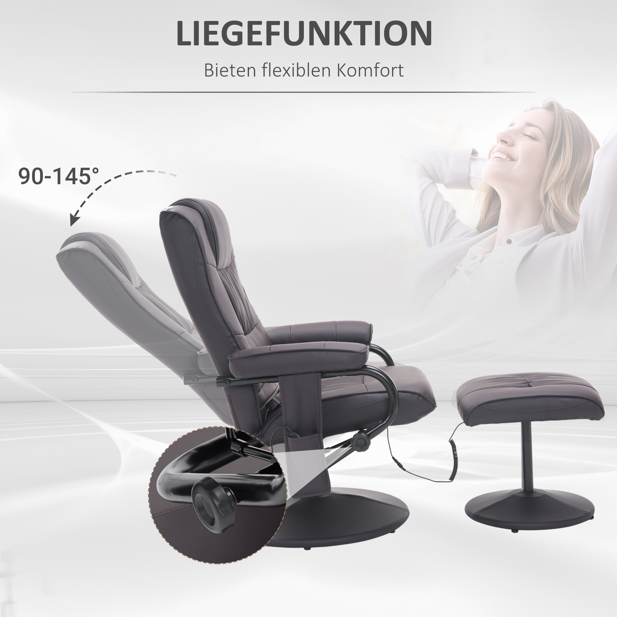 Liegestuhl mit Fußstütze. Grauer Stuhl, Frau im Hintergrund.