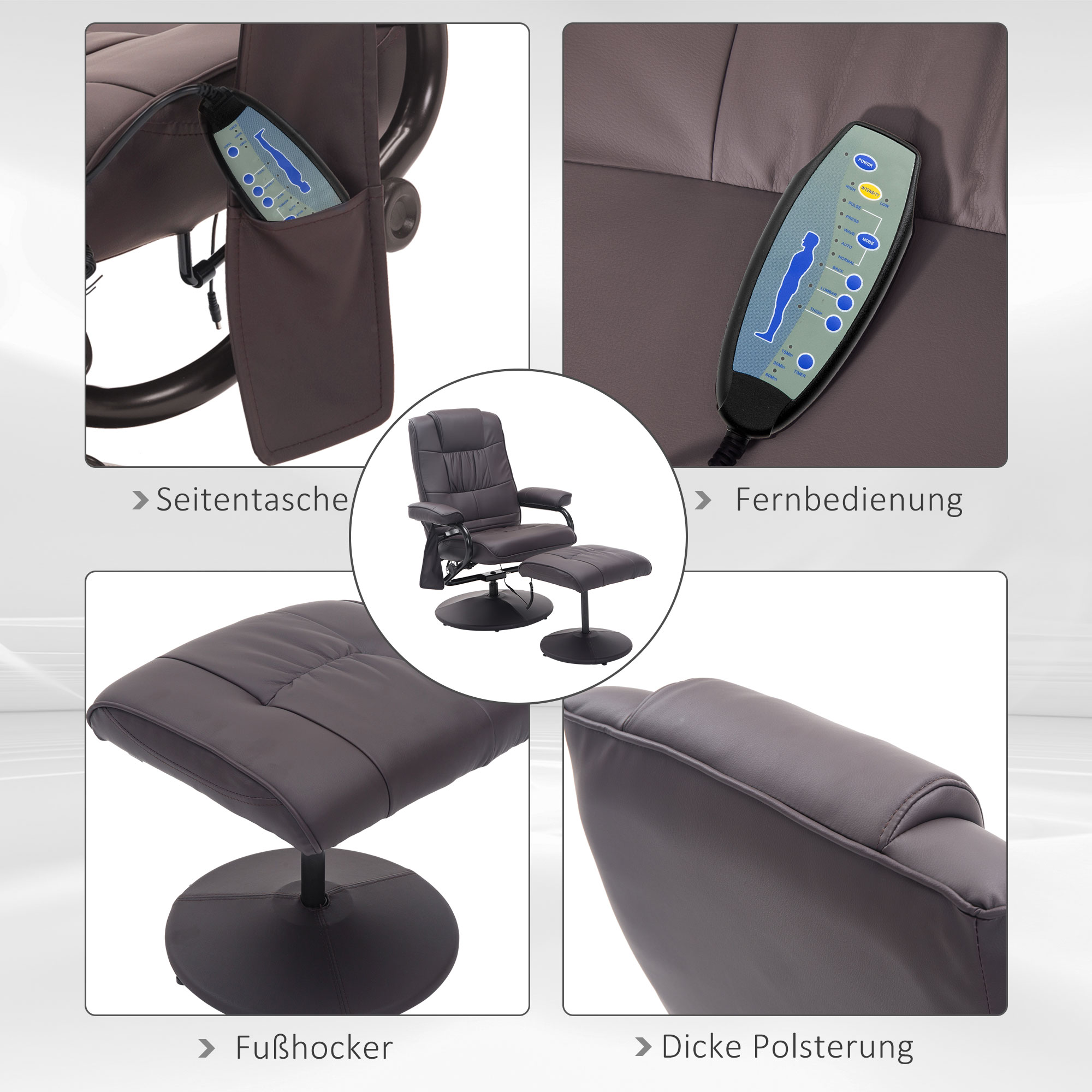 Stuhldetails. Seitentasche, Fernbedienung, Fußstütze und Polsterung.
