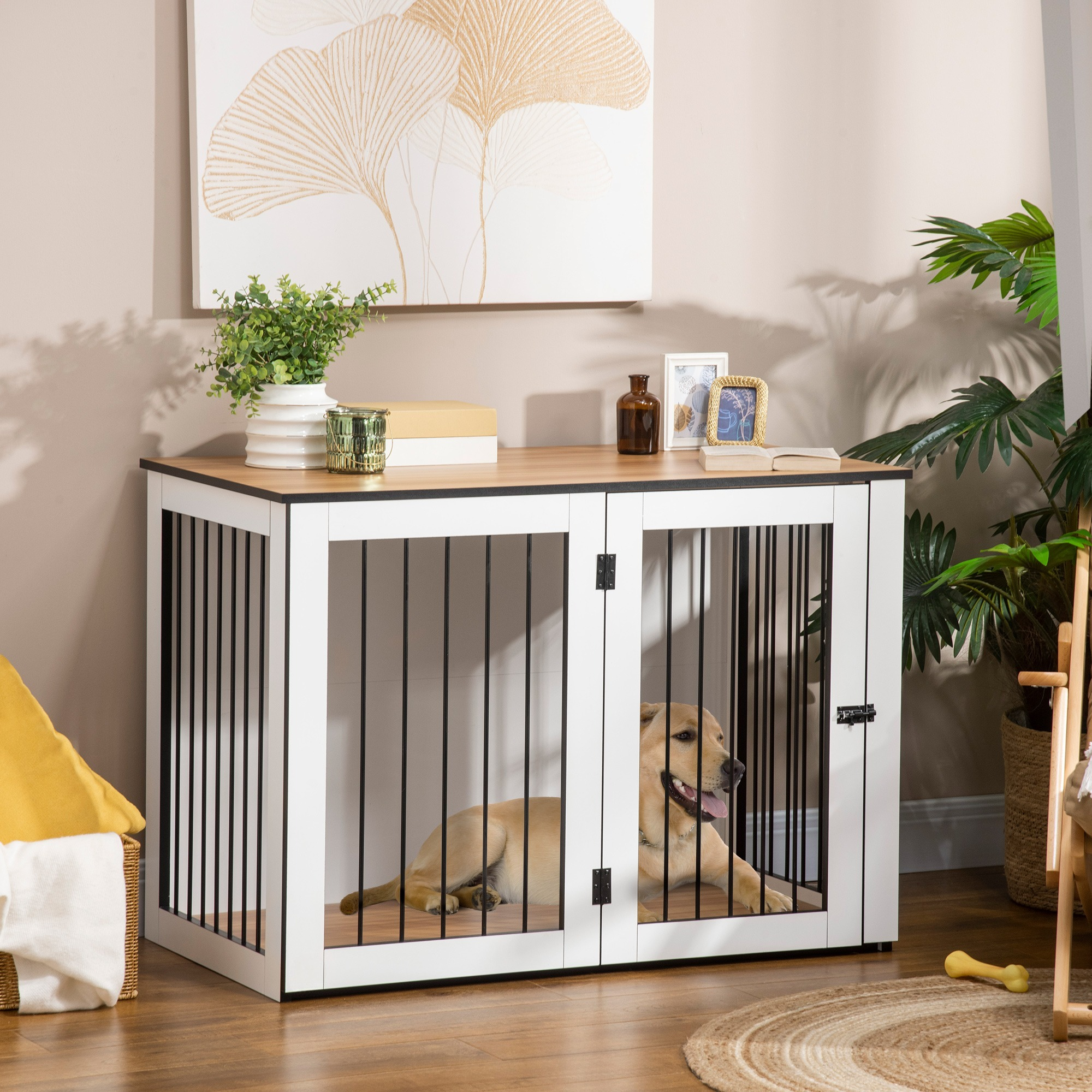 Hund in einem Hundehaus aus Holz. Weißer Rahmen und schwarze Stäbe.