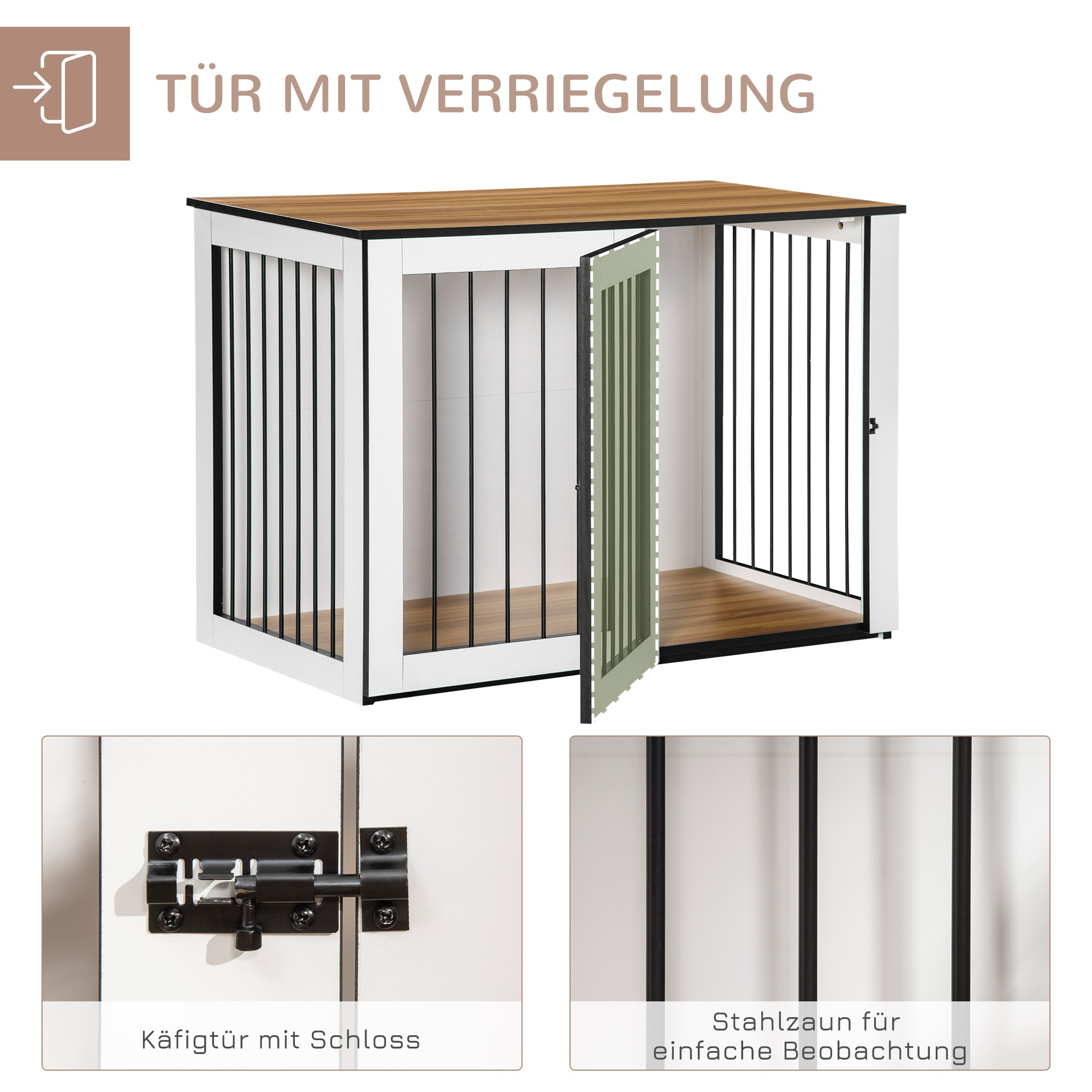 Weiße Hundebox mit offener Tür, schwarzen Stäben und Schloss. Oberseite aus Holz, Hintergrund weiß.