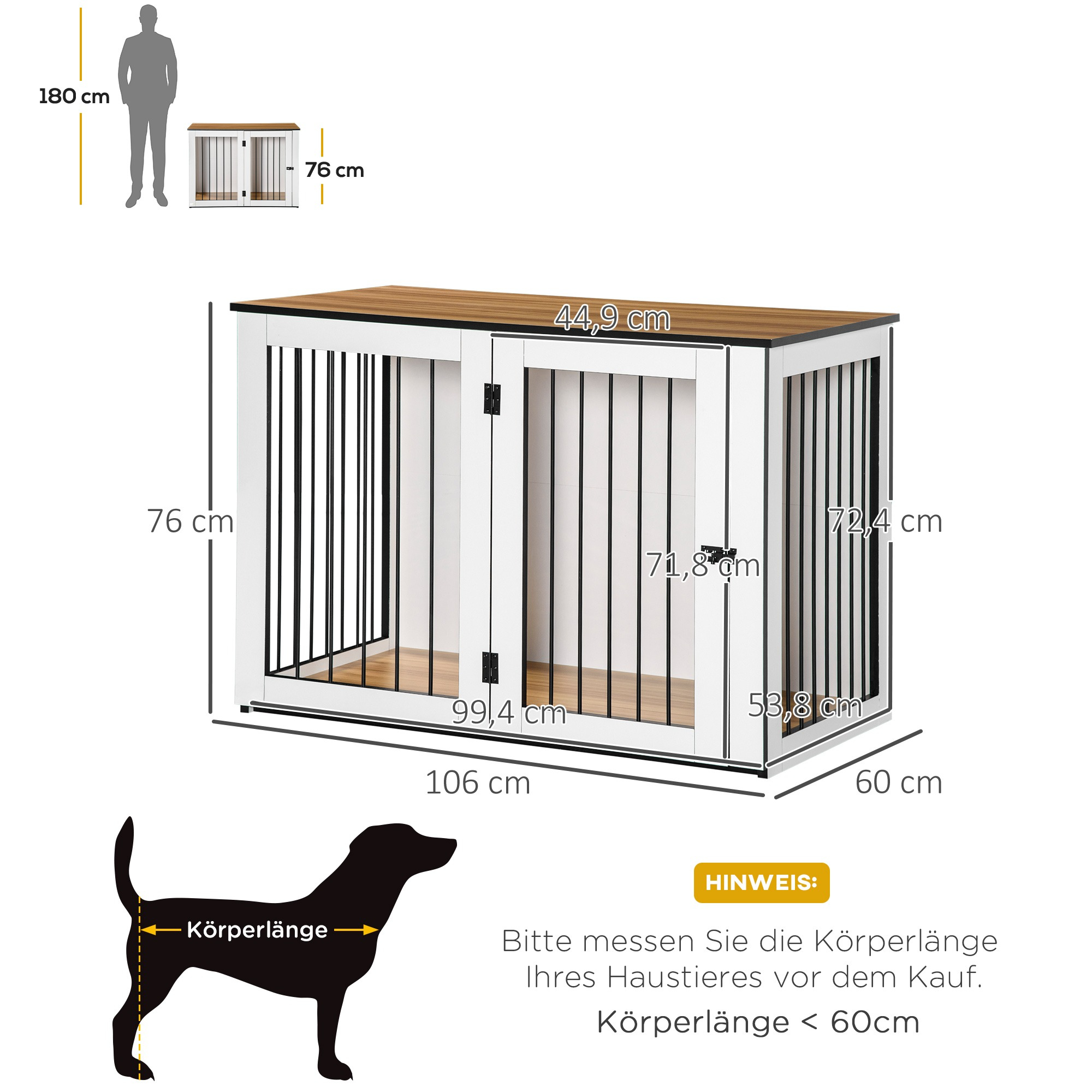 Eine Hundebox mit Abmessungen und einer Hunde-Silhouette mit Messungen für die Körperlänge.