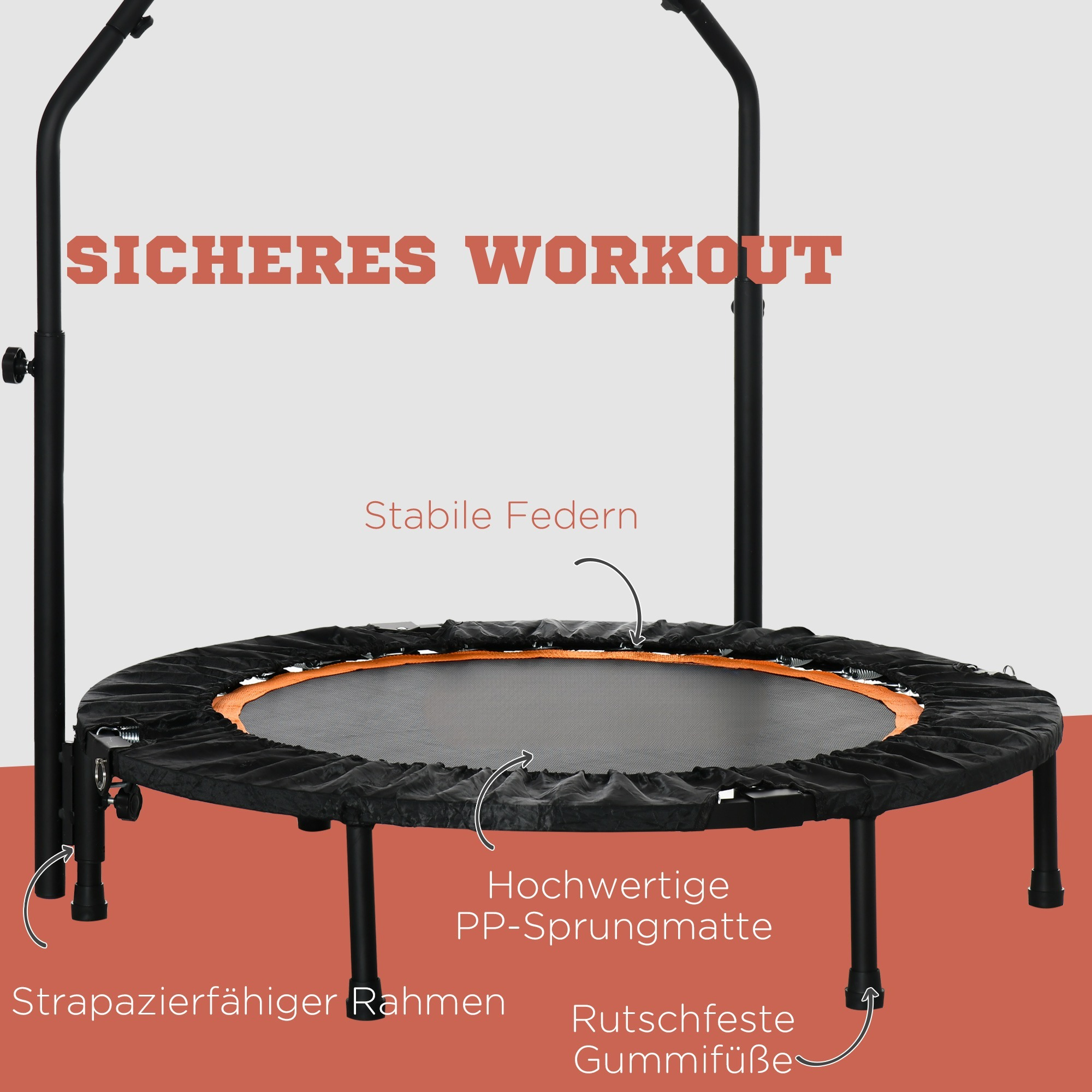 Ein schwarzes Trampolin mit Sicherheitsstange, beschriftet mit Text, der seine Merkmale hervorhebt.
