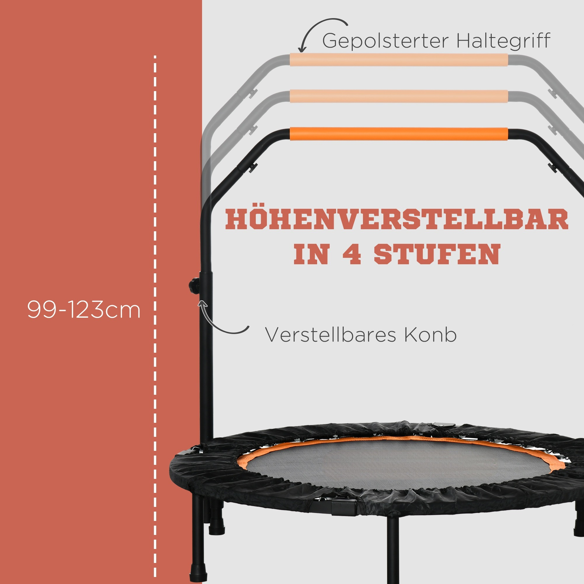 Mini-Trampolin. Schwarzer Rahmen, orangefarbene Details, höhenverstellbar.