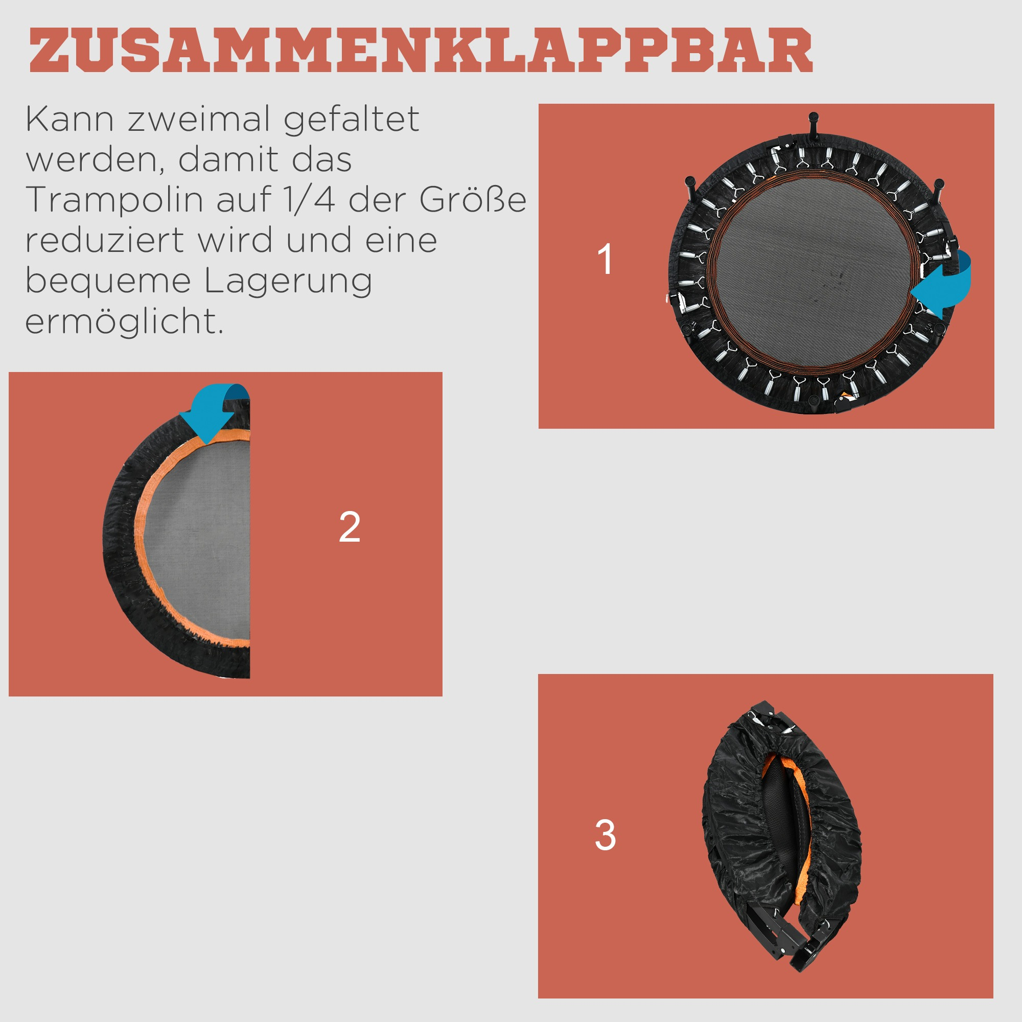 Mini-Trampolin in drei Schritten zusammengeklappt. Schwarz und Orange.