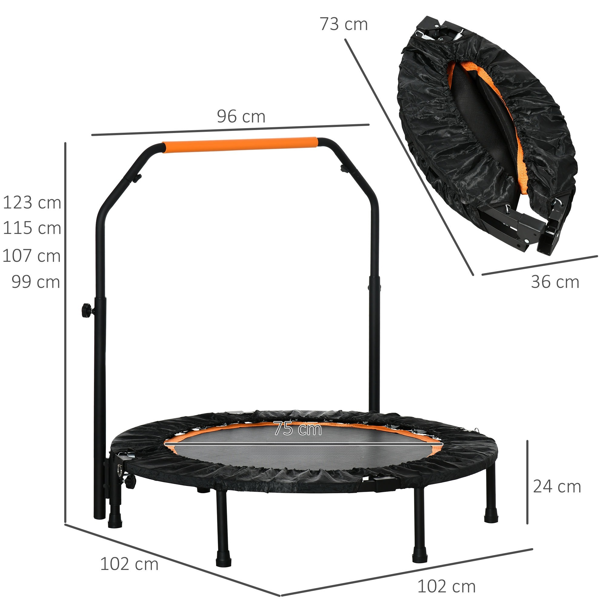 Ein schwarzes Trampolin mit Sicherheitsstange und orangefarbenen Akzenten, mit in Zentimetern angegebenen Abmessungen.