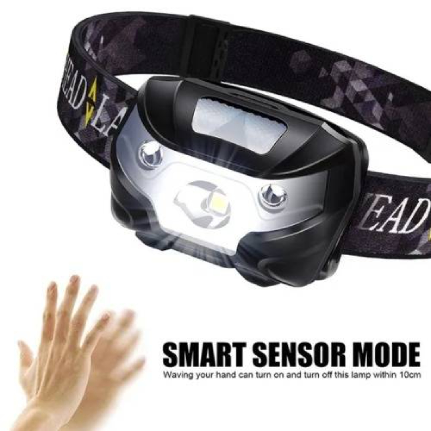 Eine Stirnlampe mit intelligentem Sensormodus. Eine Hand winkt, um das Licht innerhalb von 10 cm ein- und auszuschalten.