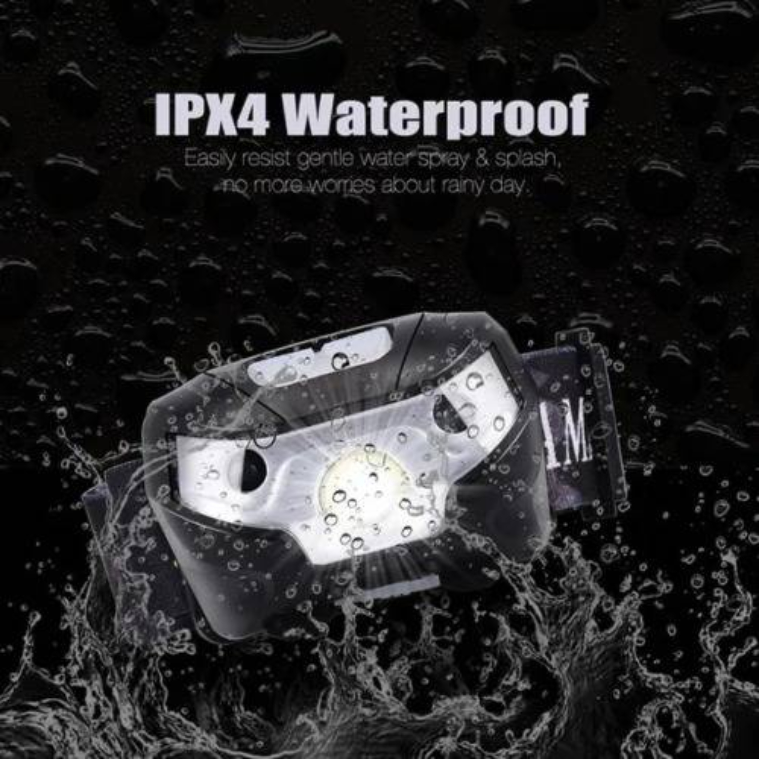Eine schwarze Stirnlampe mit Wassertropfen, die ihre Wasserdichtigkeit anzeigen. Das Wort "IPX4 Wasserdicht" ist sichtbar.