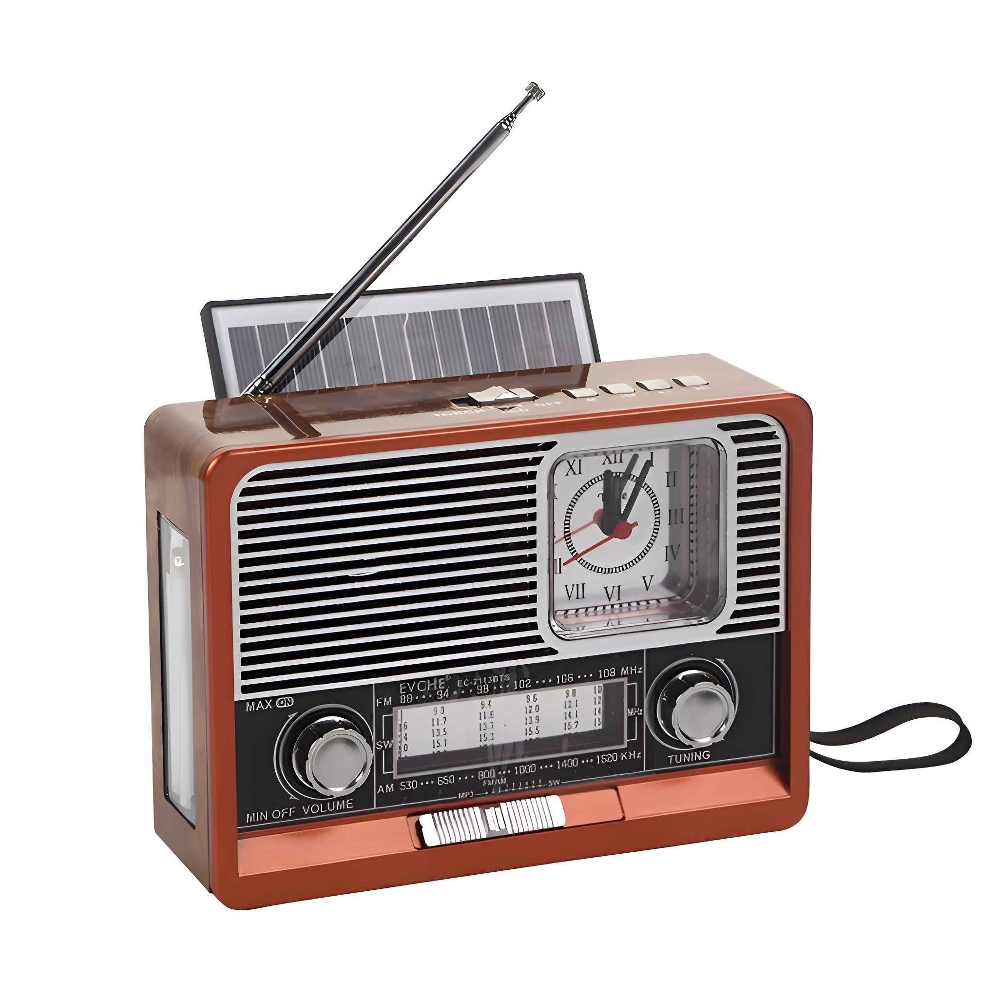 Braunes Radio mit Uhr, Antenne und Solarpanel. Es hat einen Abstimmknopf, ein Zifferblatt und einen Lautsprechergrill.