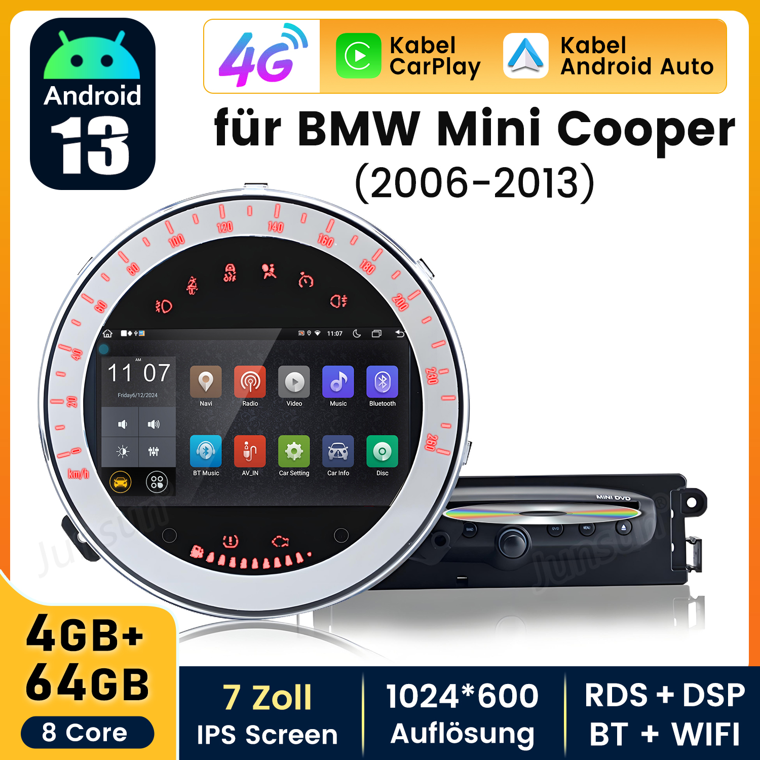 Auto-Audioscreen für BMW Mini Cooper. Es hat Android 13, 4G, Carplay, Android Auto und weitere Funktionen.