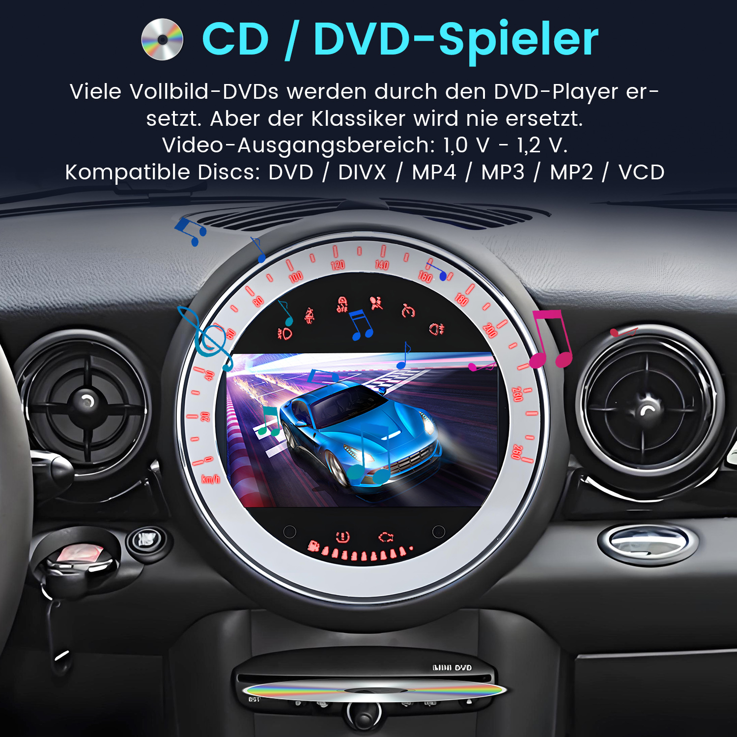 Armaturenbrett-Display, das einen Innenraum mit einem CD/DVD-Player zeigt. Der Bildschirm zeigt ein Auto und Musiknoten.