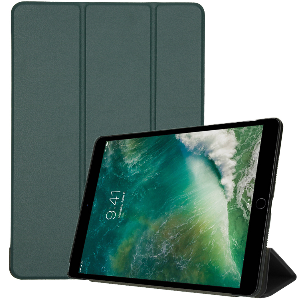 Green tablet case and a tablet displaying time and date on its screen.
