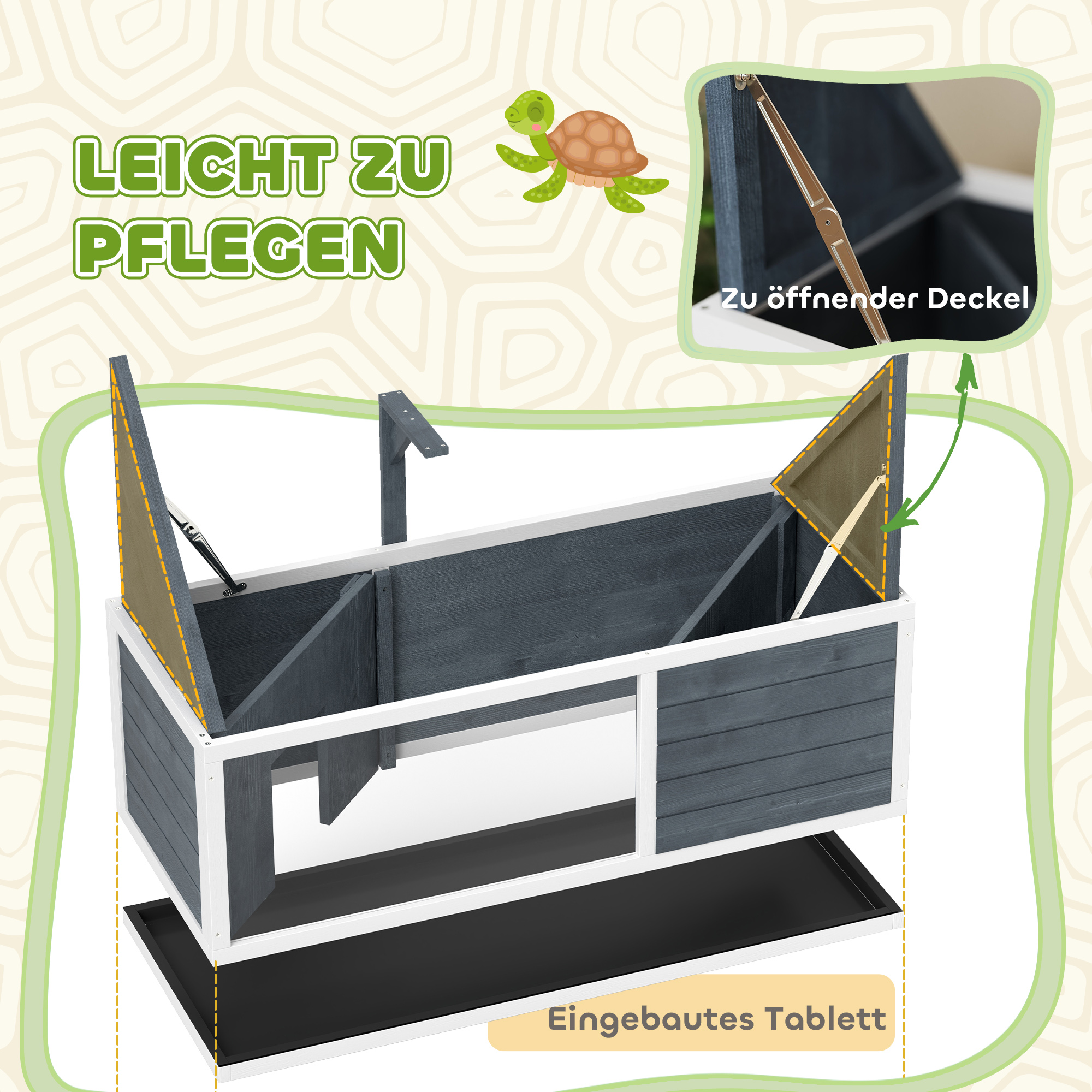 Holzgehege für Haustiere mit geöffneten Deckeln. Es hat eine dunkelblau-graue Oberfläche und weißen Zierrat.