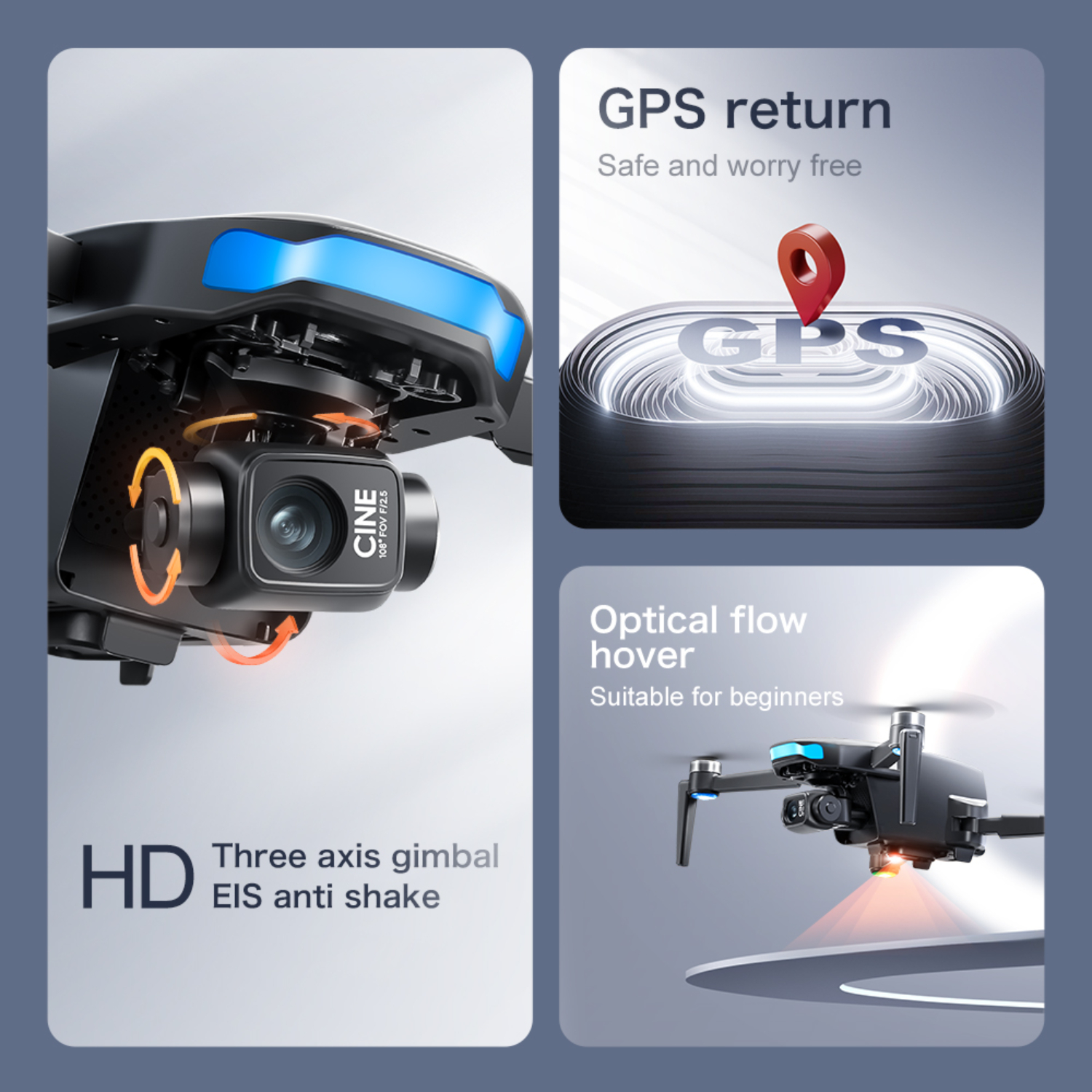 Drohnenteile mit Text über GPS und optische Fluss-Hover-Funktionen sowie Drei-Achsen-Gimbal.