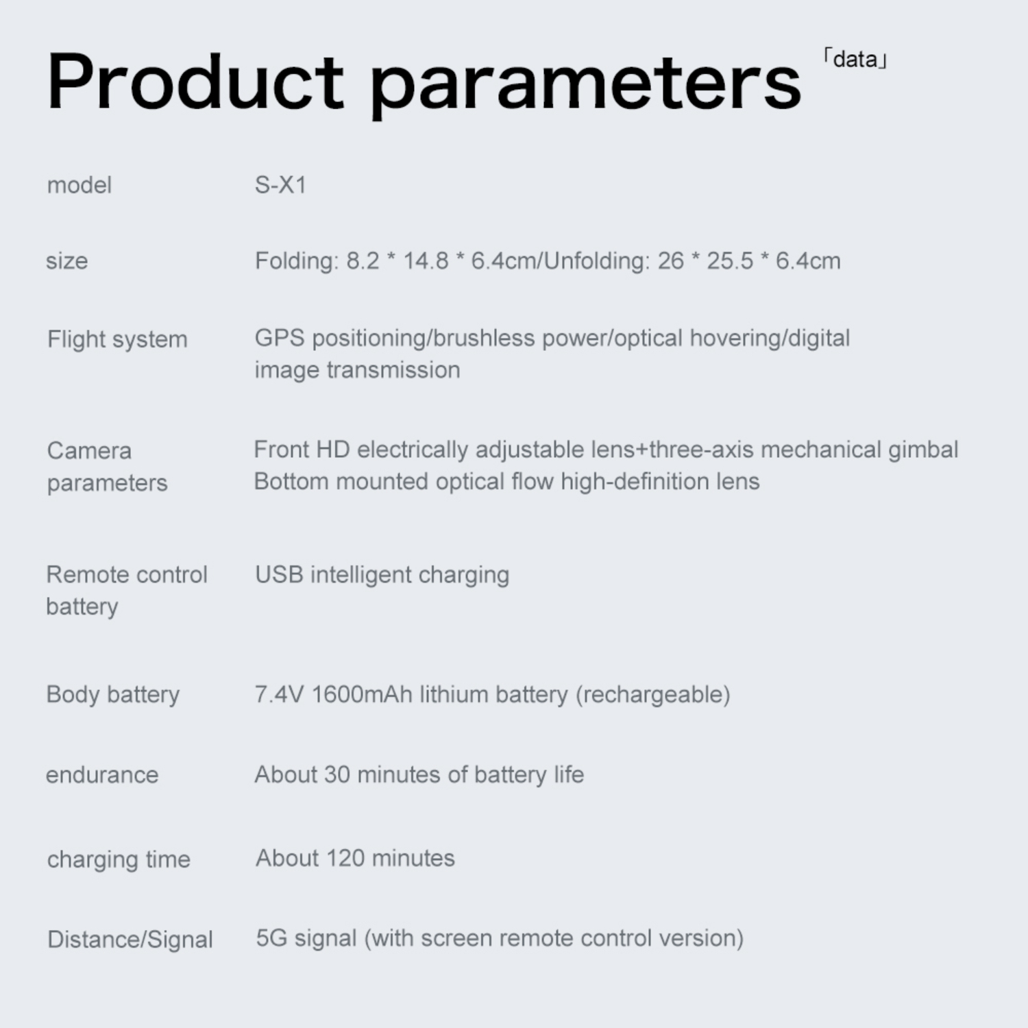 Produkttabelle mit Modell, Größe, Flugsystem, Kamera, Akku und Ausdauerdetails.