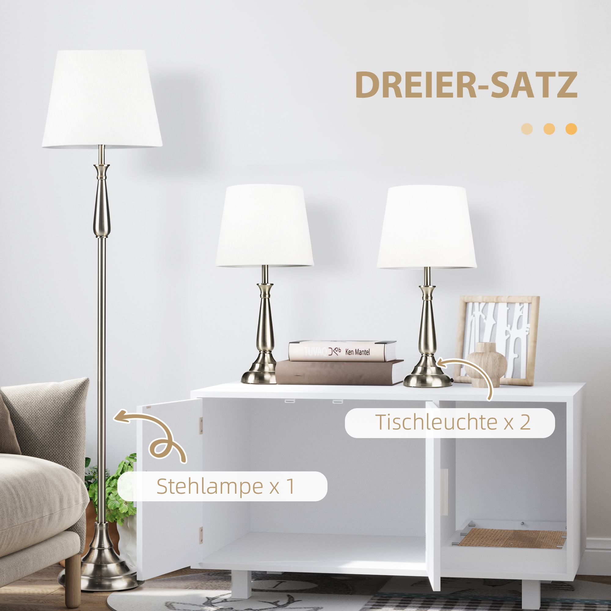 Set aus drei Lampen. Stehlampe und zwei Tischlampen auf einem weißen Schrank. Textkennzeichnungen.