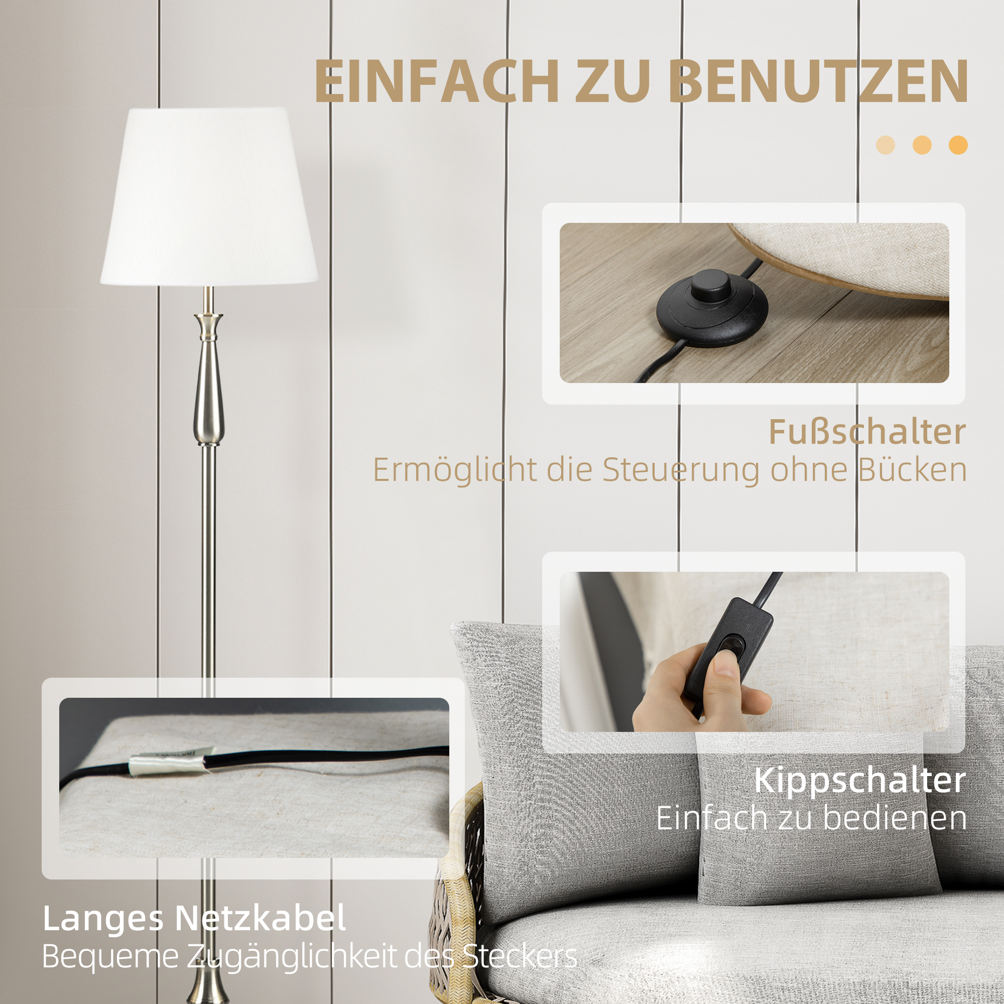 Eine Stehlampe mit weißem Lampenschirm, silbernem Fuß, Fußschalter und Kippschalter-Details.