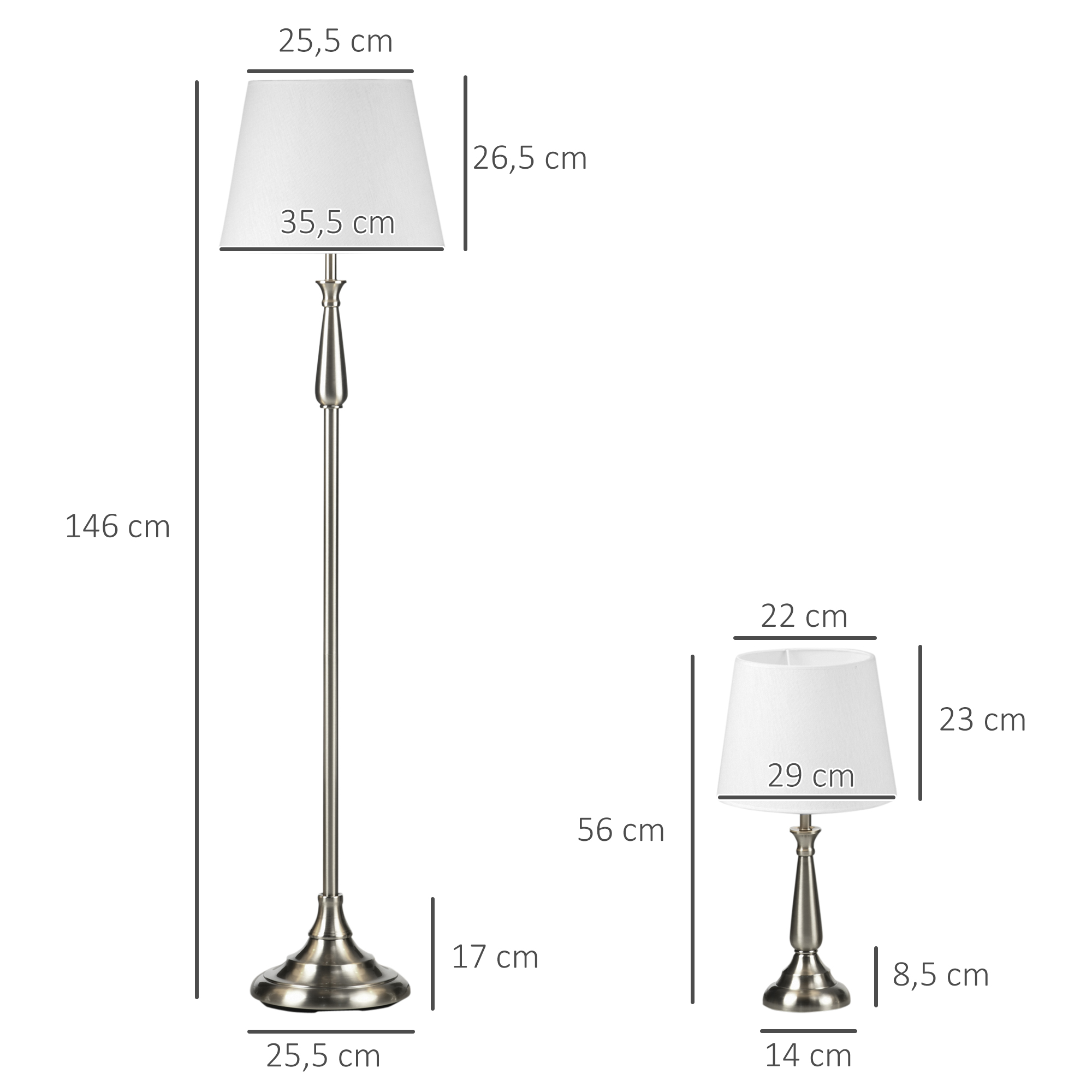 Diagramm mit den Abmessungen einer Steh- und einer Tischlampe in Zentimetern.