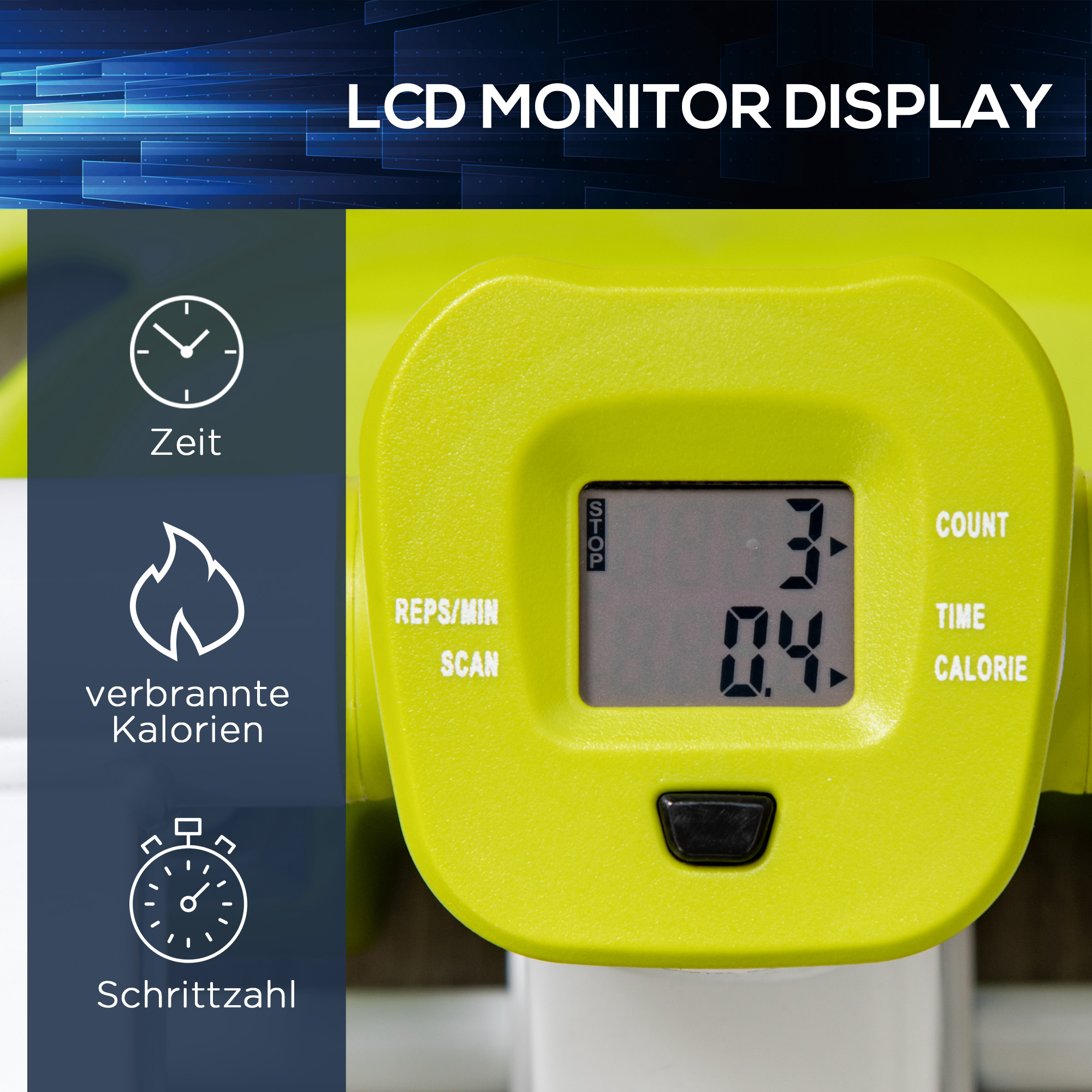 Ein LCD-Monitor zeigt Zeit, verbrannte Kalorien und Schrittanzahl an.